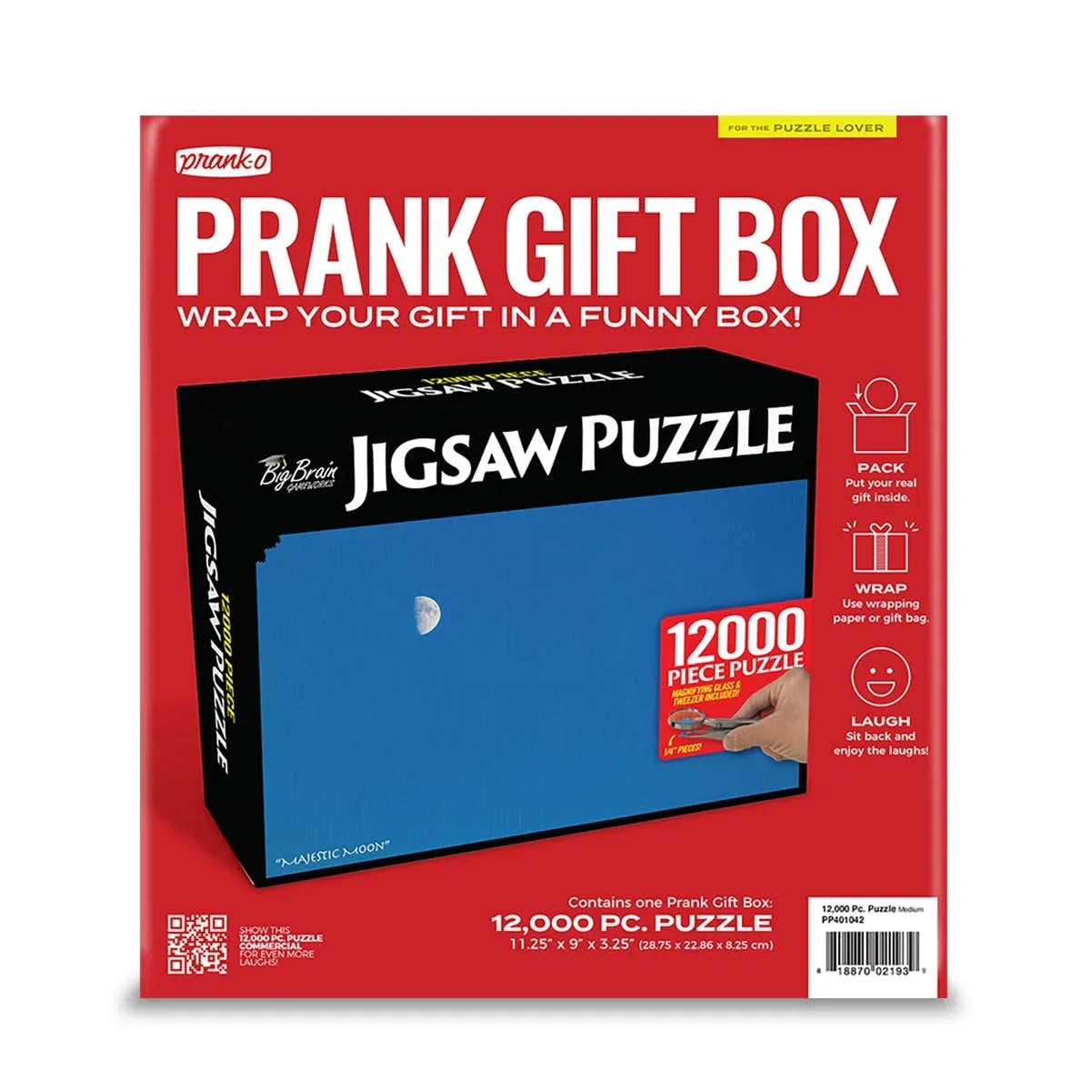 Prank gift box with jigsaw puzzle design, 12000 piece, blue sky and moon image, red packaging.
