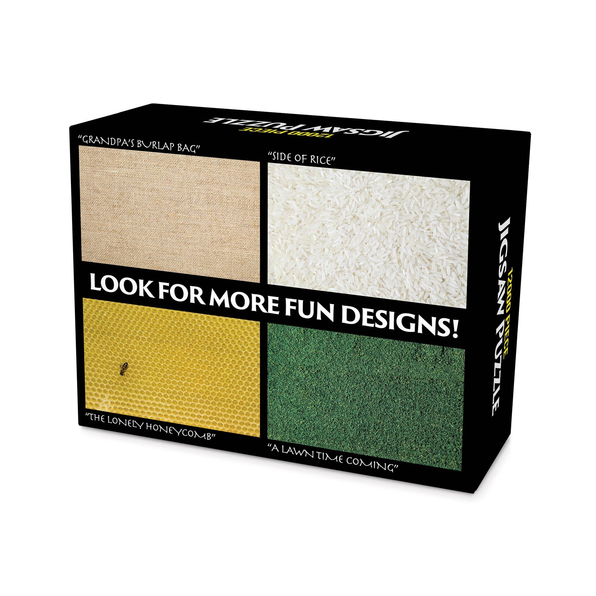 Puzzle box showing four designs: burlap fabric, rice grains, honeycomb with bee, and green grass.