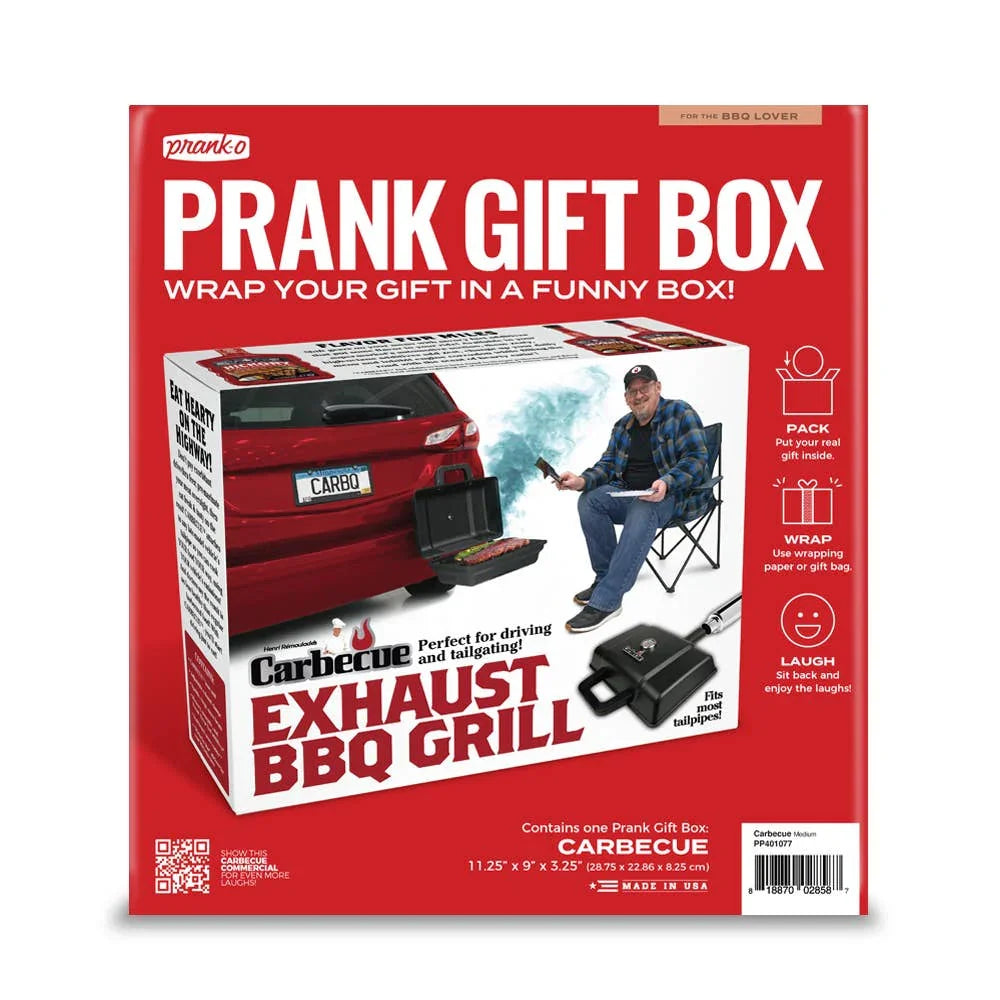 Prank gift box with a fake car exhaust BBQ grill design, red car, man sitting, funny packaging