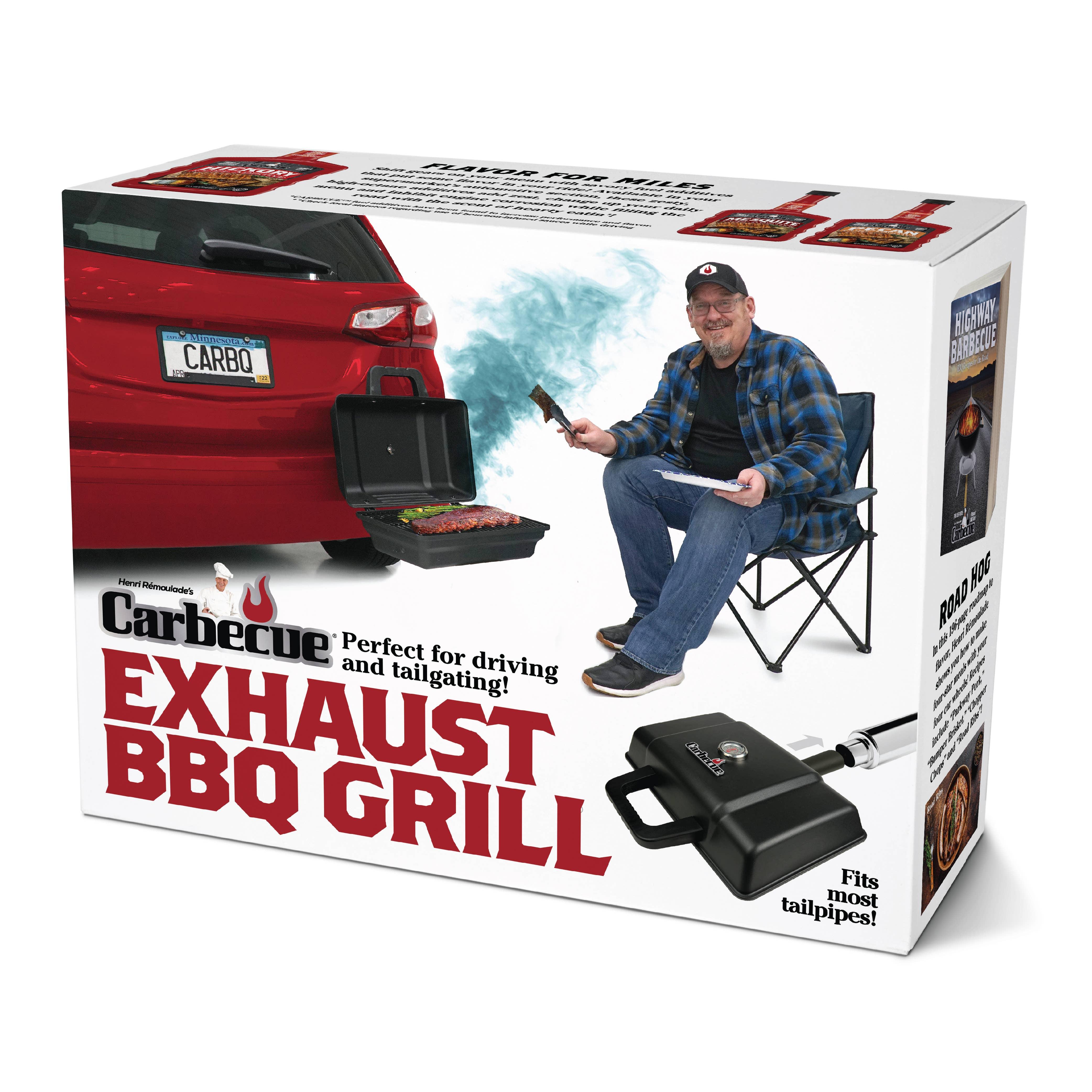 Carbecue Exhaust BBQ Grill packaging with man grilling by a red car, tailgate barbecue setup