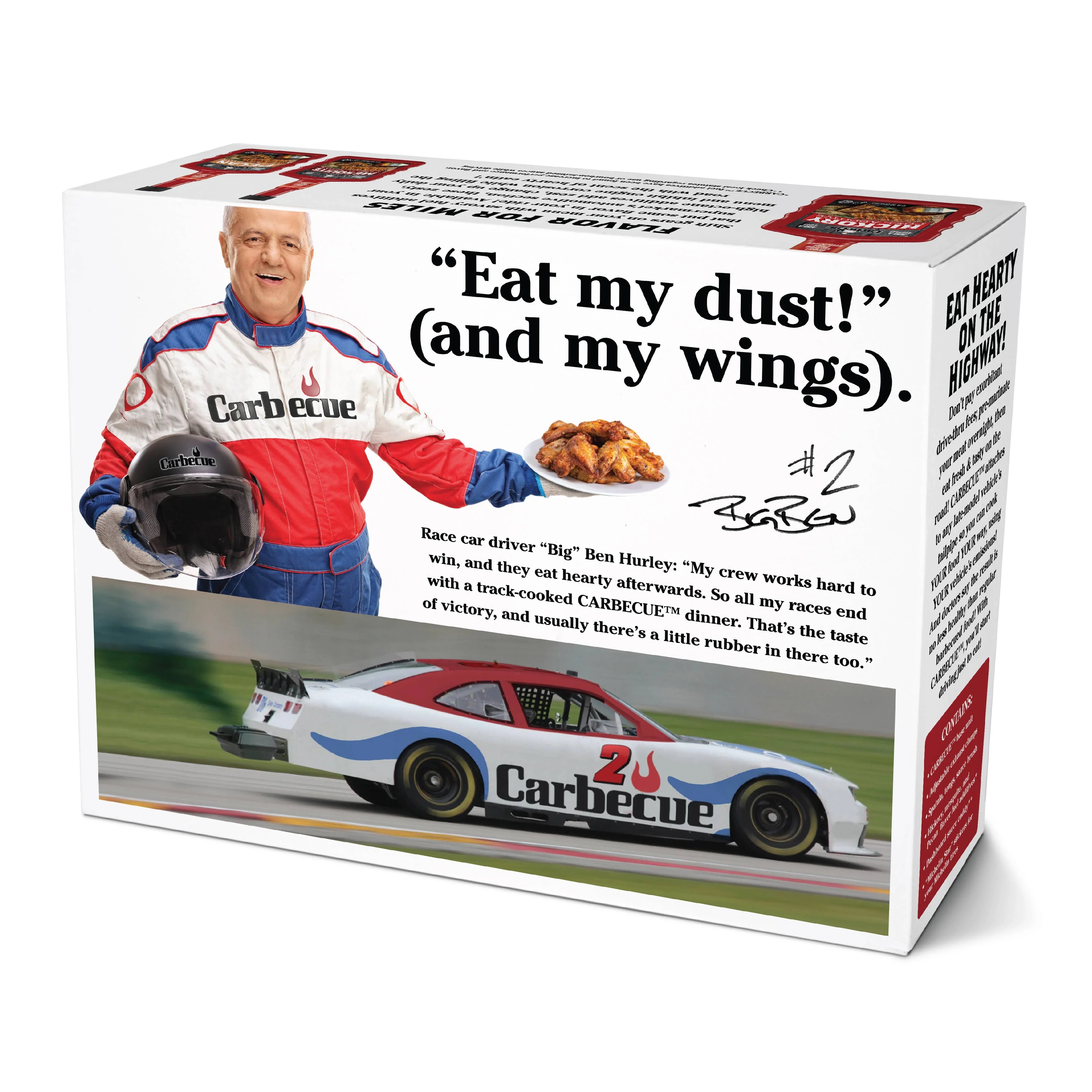 Carbecue frozen wings box featuring a race car driver holding chicken wings and a race car.