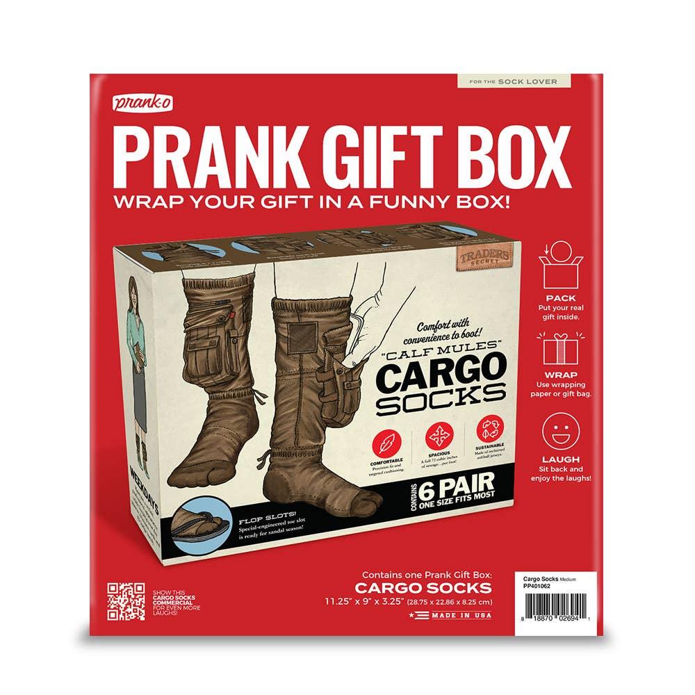 Prank gift box for cargo socks with illustrated brown socks and storage pockets, red background