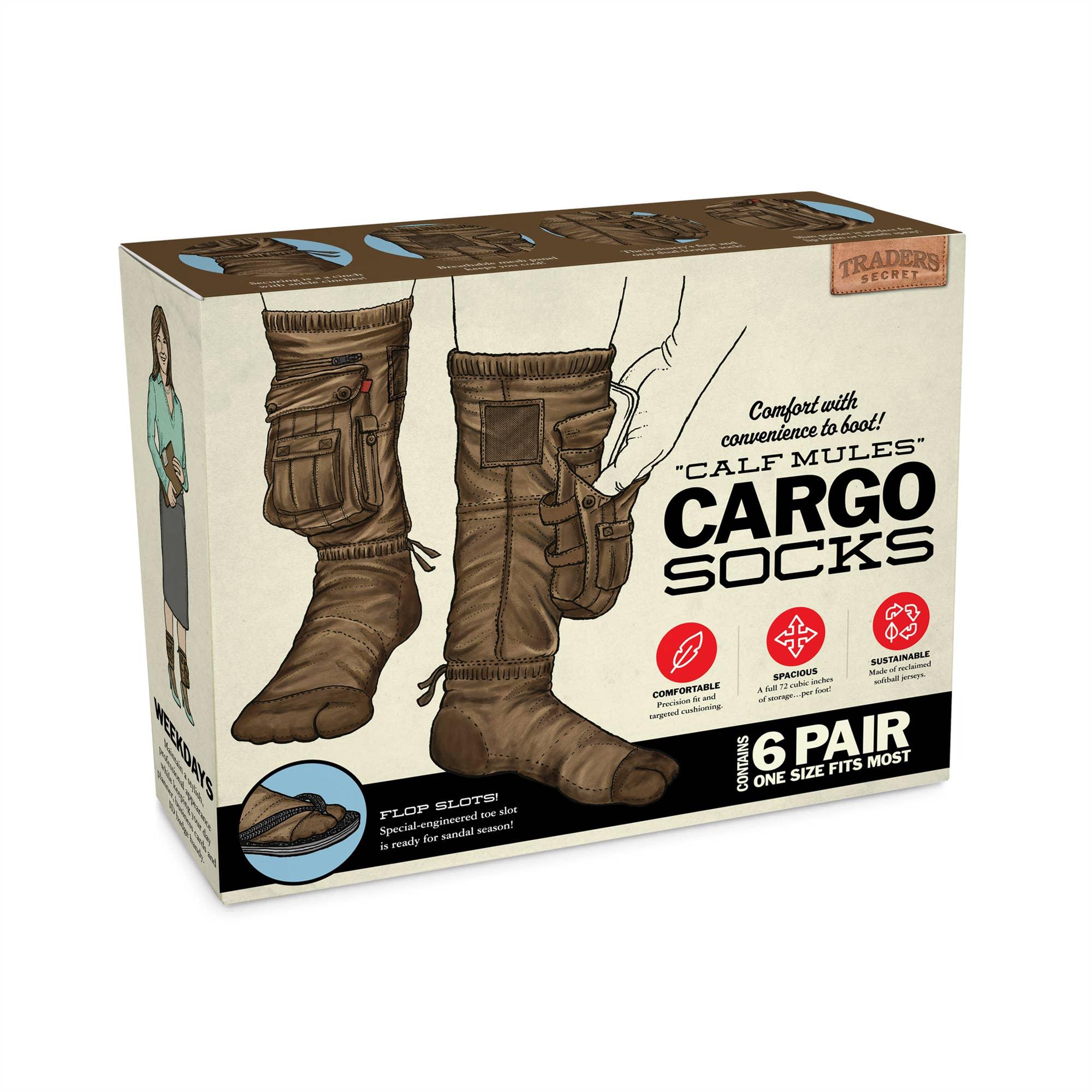 Box of Trader's Secret Calf Mules cargo socks with illustrated brown socks featuring pockets
