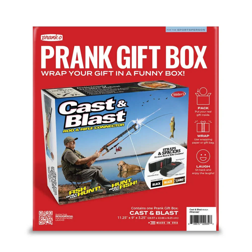 Prank gift box with Cast & Blast rod and rifle connector, humorous gift wrap for fishing and hunting fans