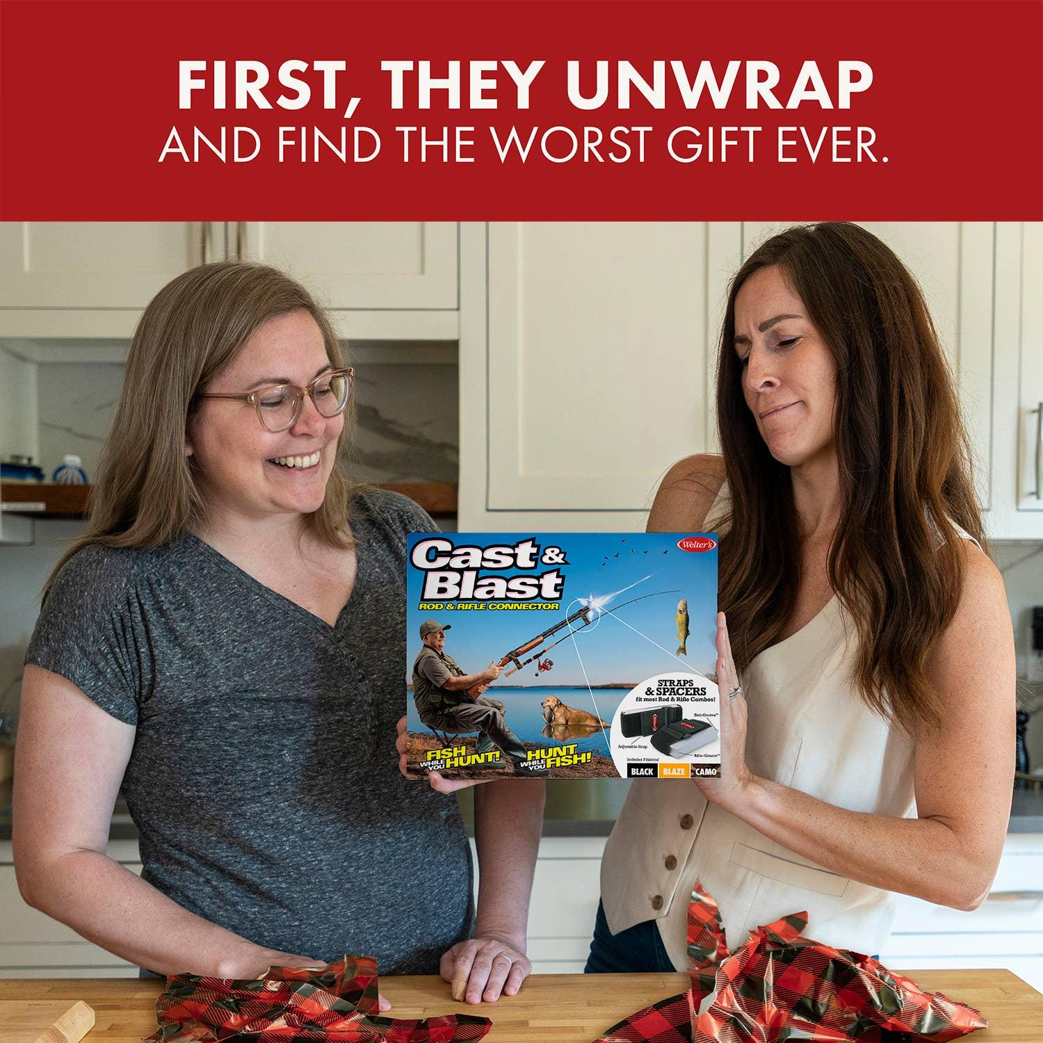 Two women in a kitchen react to unwrapping a Cast & Blast gag gift box