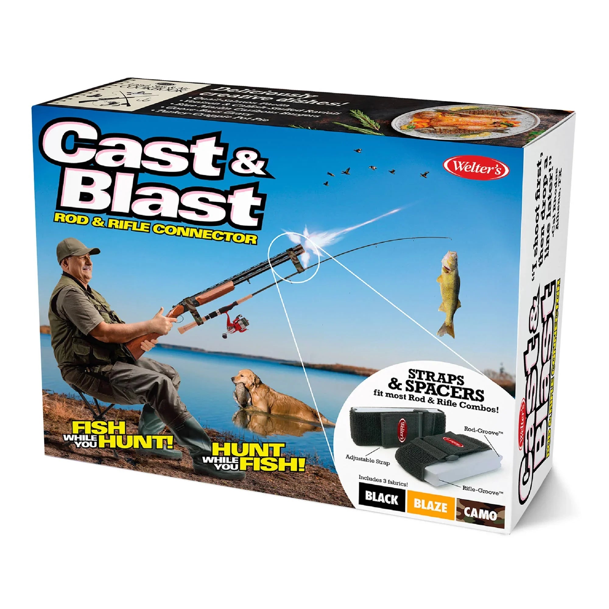 Cast & Blast Rod & Rifle Connector product box, man fishing and hunting by lake, includes straps.