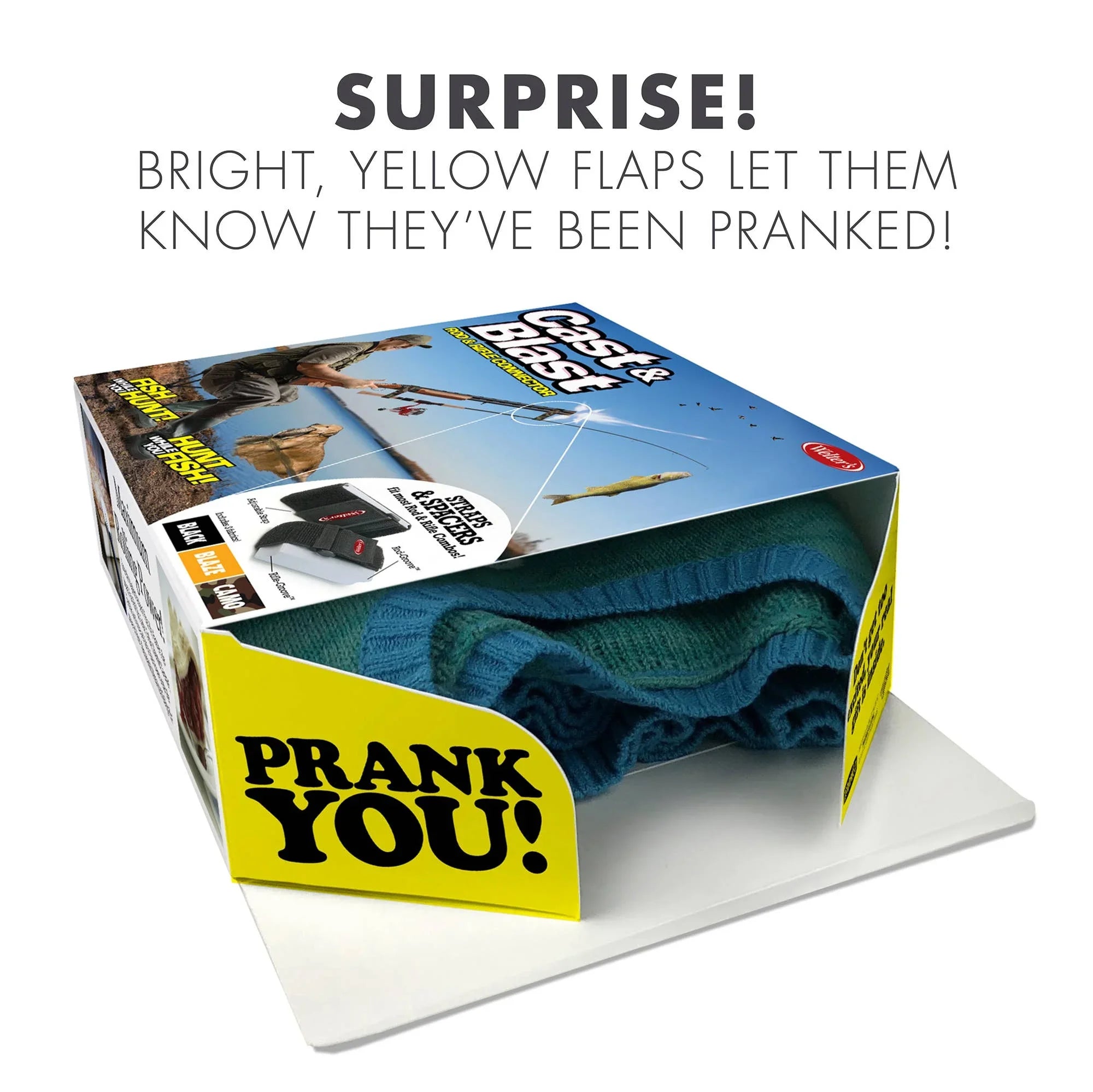 Prank gift box with bright yellow flaps, socks inside, and humor-themed Cast & Blast packaging