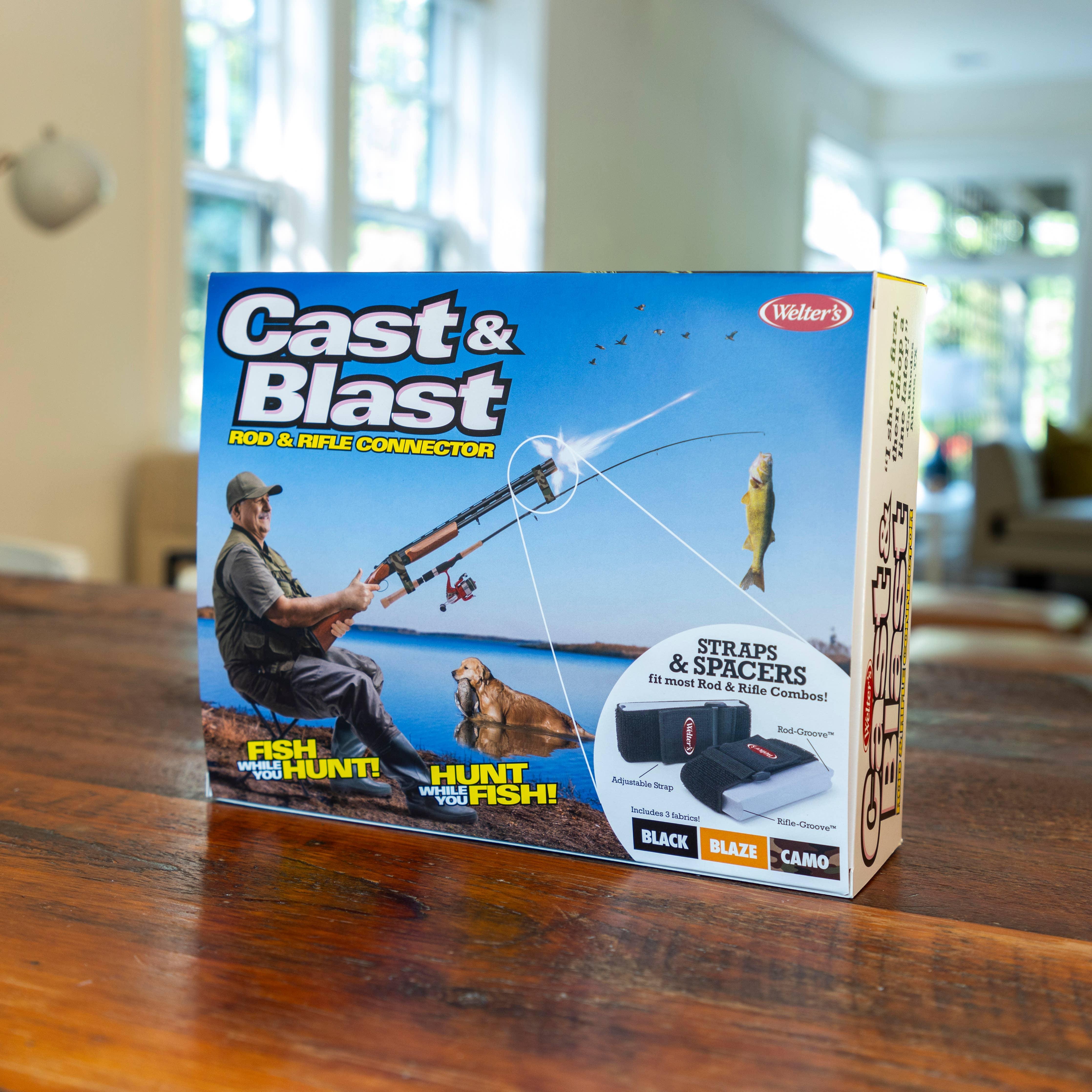 Cast & Blast rod and rifle connector product box on wooden table in bright living room