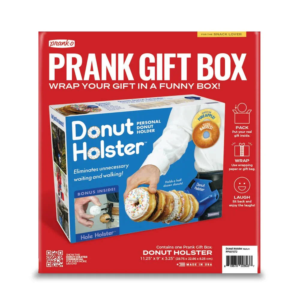 Prank gift box with Donut Holster design, features donuts on a belt and bold red background.