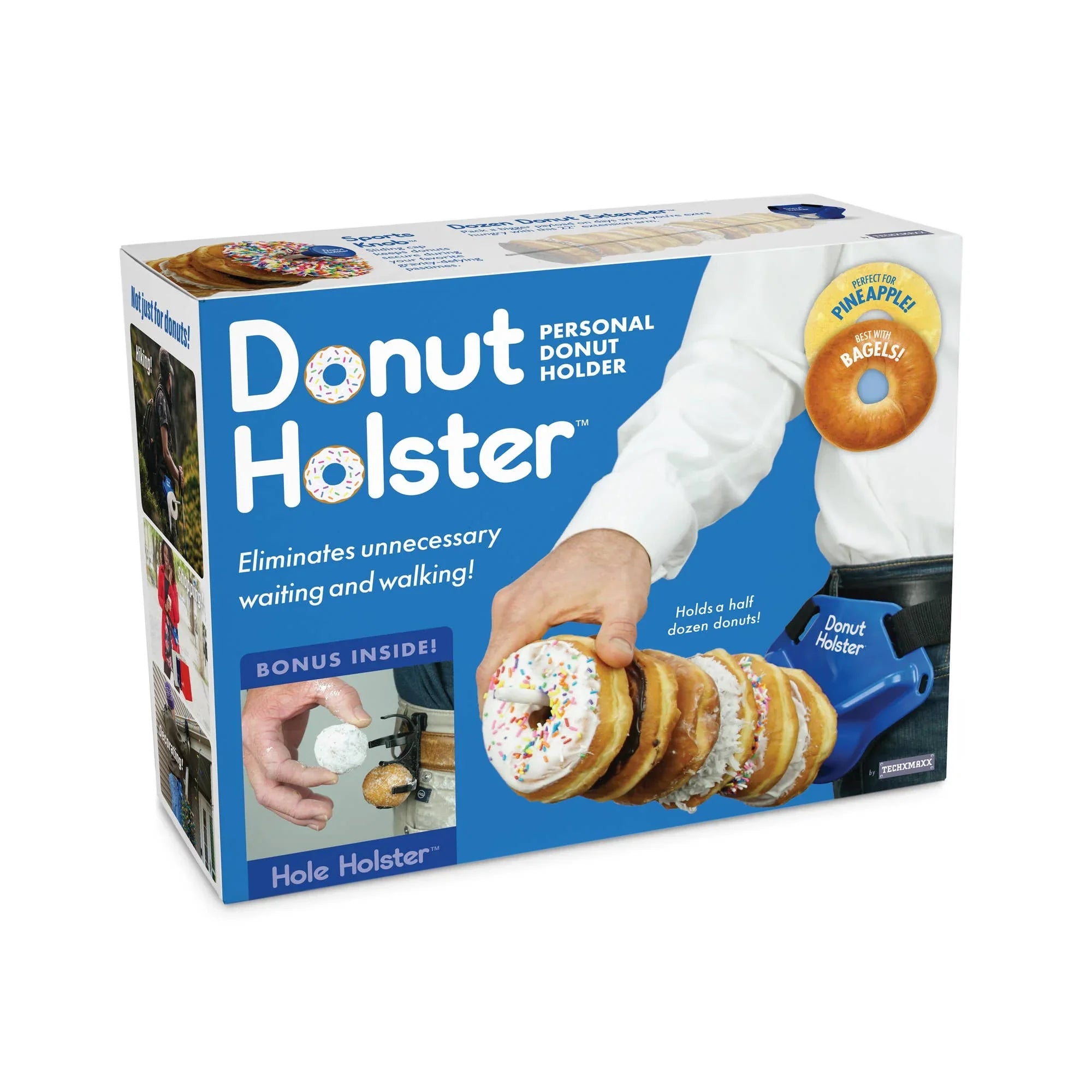 Donut Holster personal donut holder product box with hand holding donuts in blue waist holster.