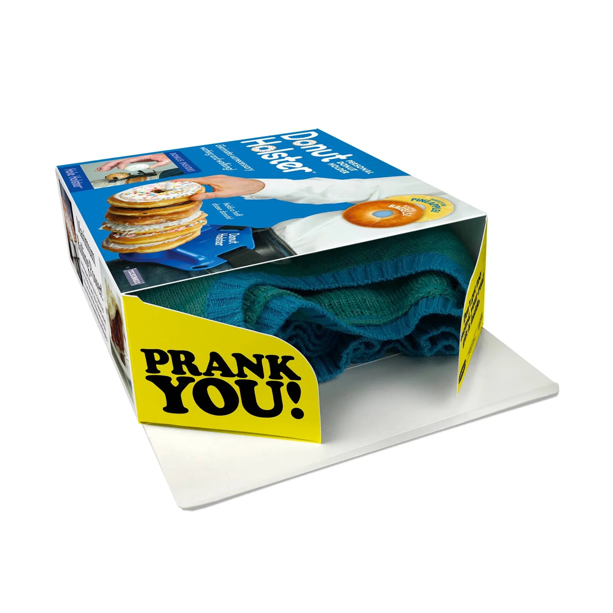 Donut Holster prank gift box with teal fabric inside, novelty packaging, PRANK YOU label