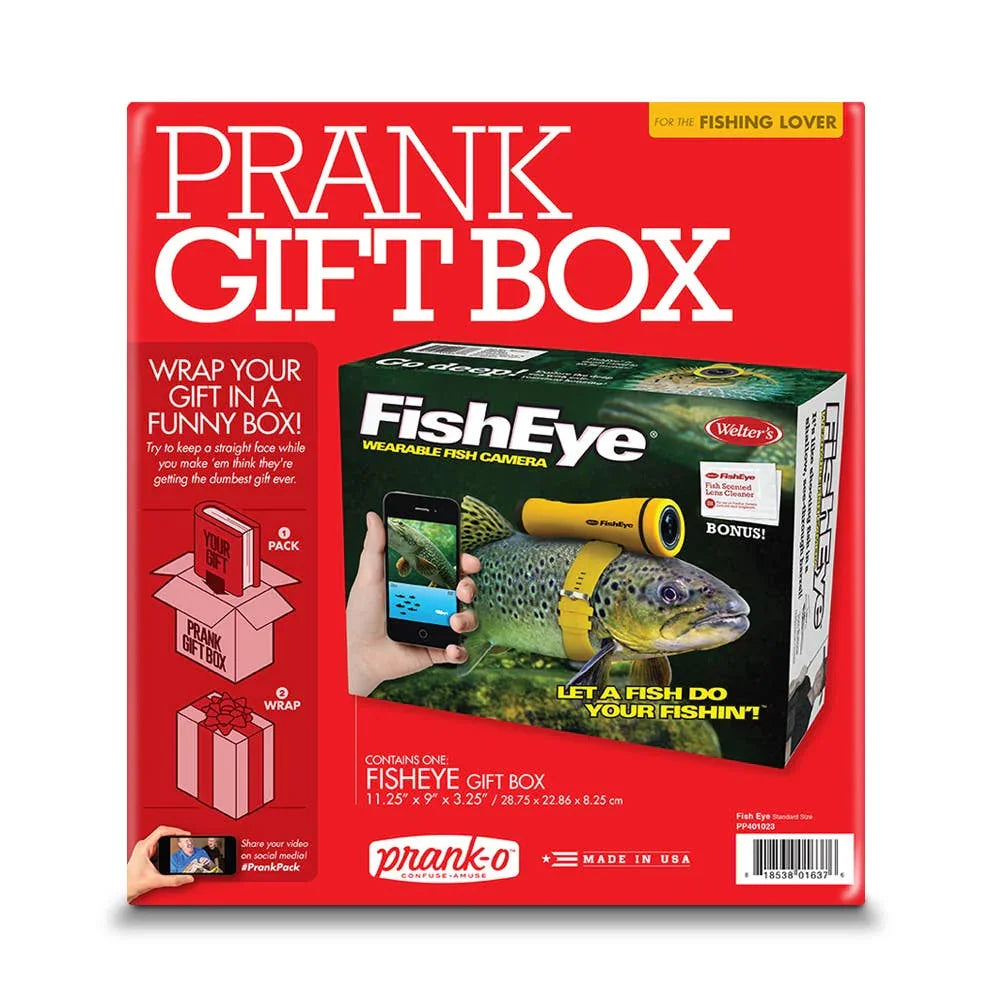 Prank gift box with FishEye wearable fish camera gag, red packaging, fishing lover joke