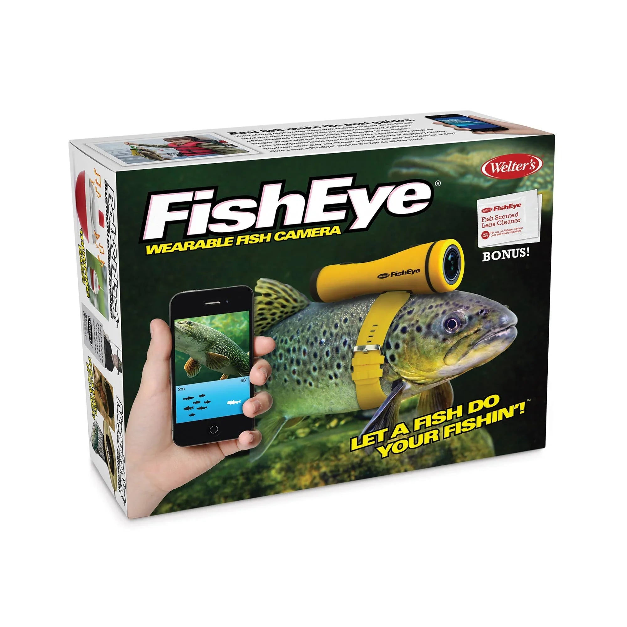 FishEye wearable fish camera packaging with fish, yellow camera, and smartphone display