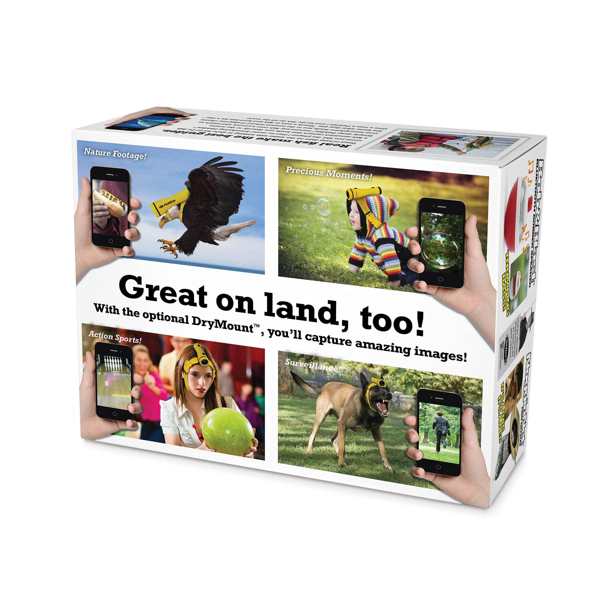 Product box showing DryMount lens attachment for smartphones, capturing wildlife, sports, and moments.