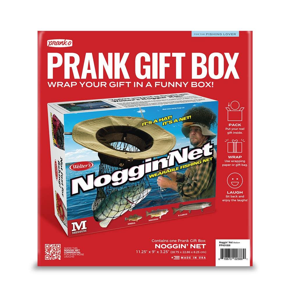 Prank gift box for fishing lover featuring wearable fishing net hat, Noggin' Net, on red background.