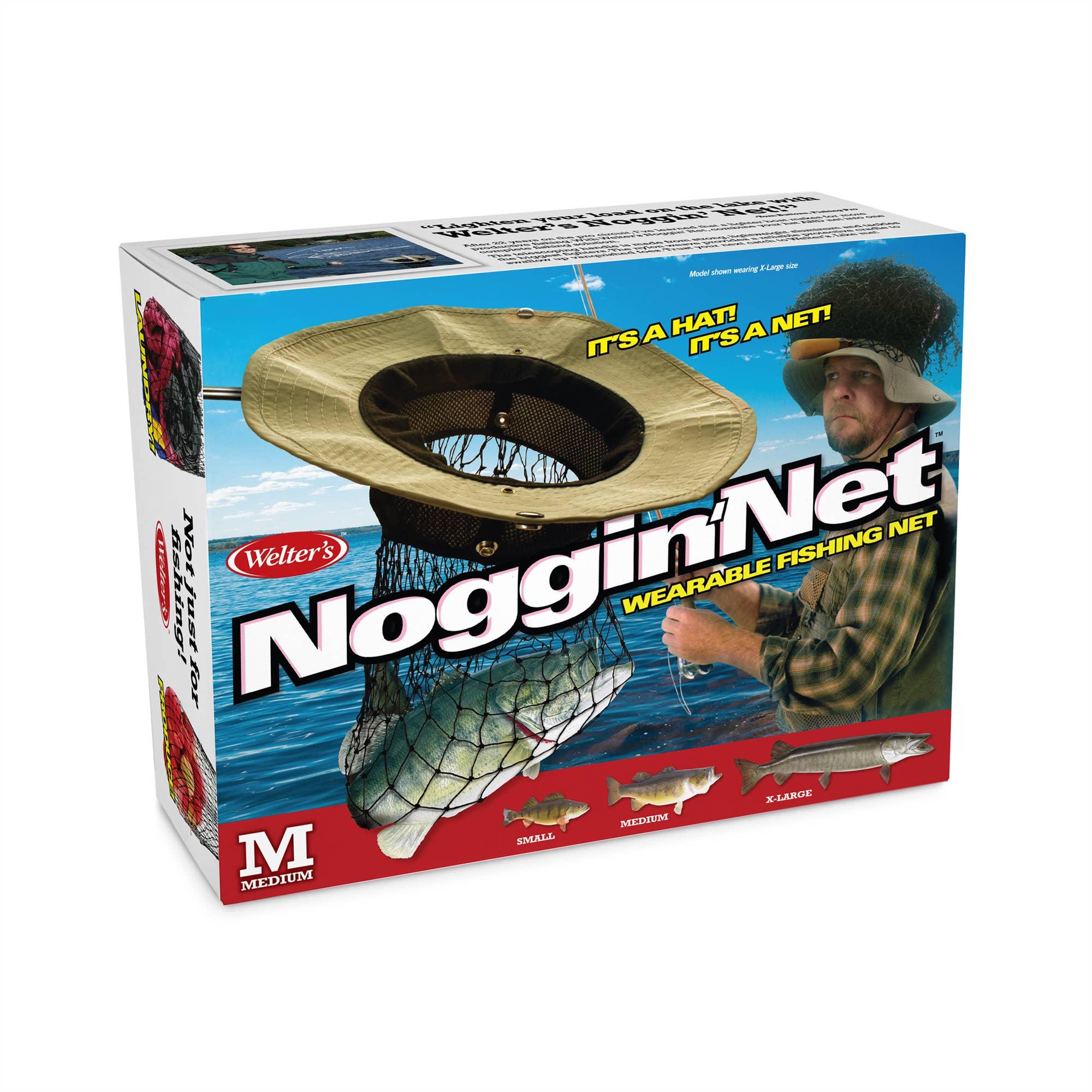 Noggin' Net wearable fishing net hat product box with fisherman and fish graphic