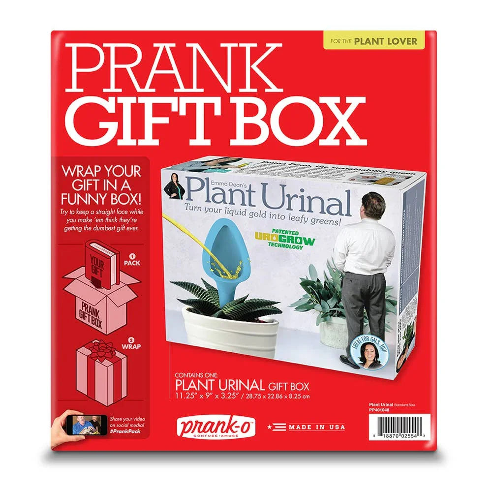 Prank gift box for plant lovers labeled Plant Urinal, featuring humorous fake packaging.