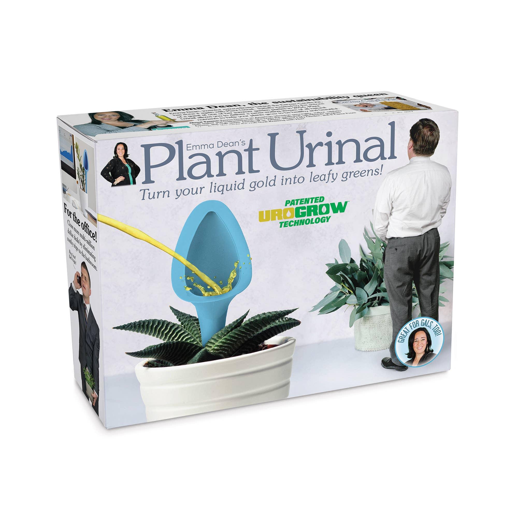 Box for Emma Dean's Plant Urinal with man urinating into blue device, plants, and product branding