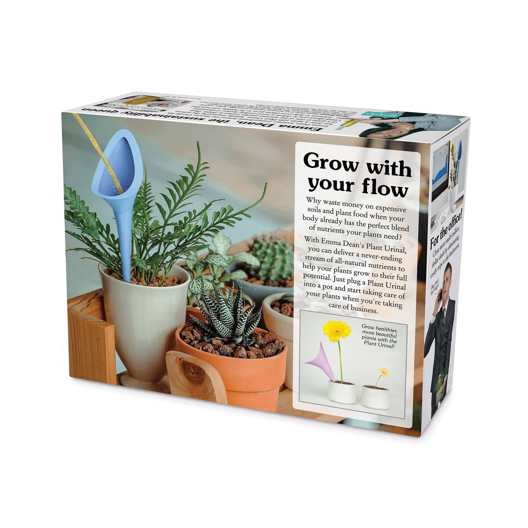 Novelty plant urinal packaging with potted succulents and humorous instructions for use