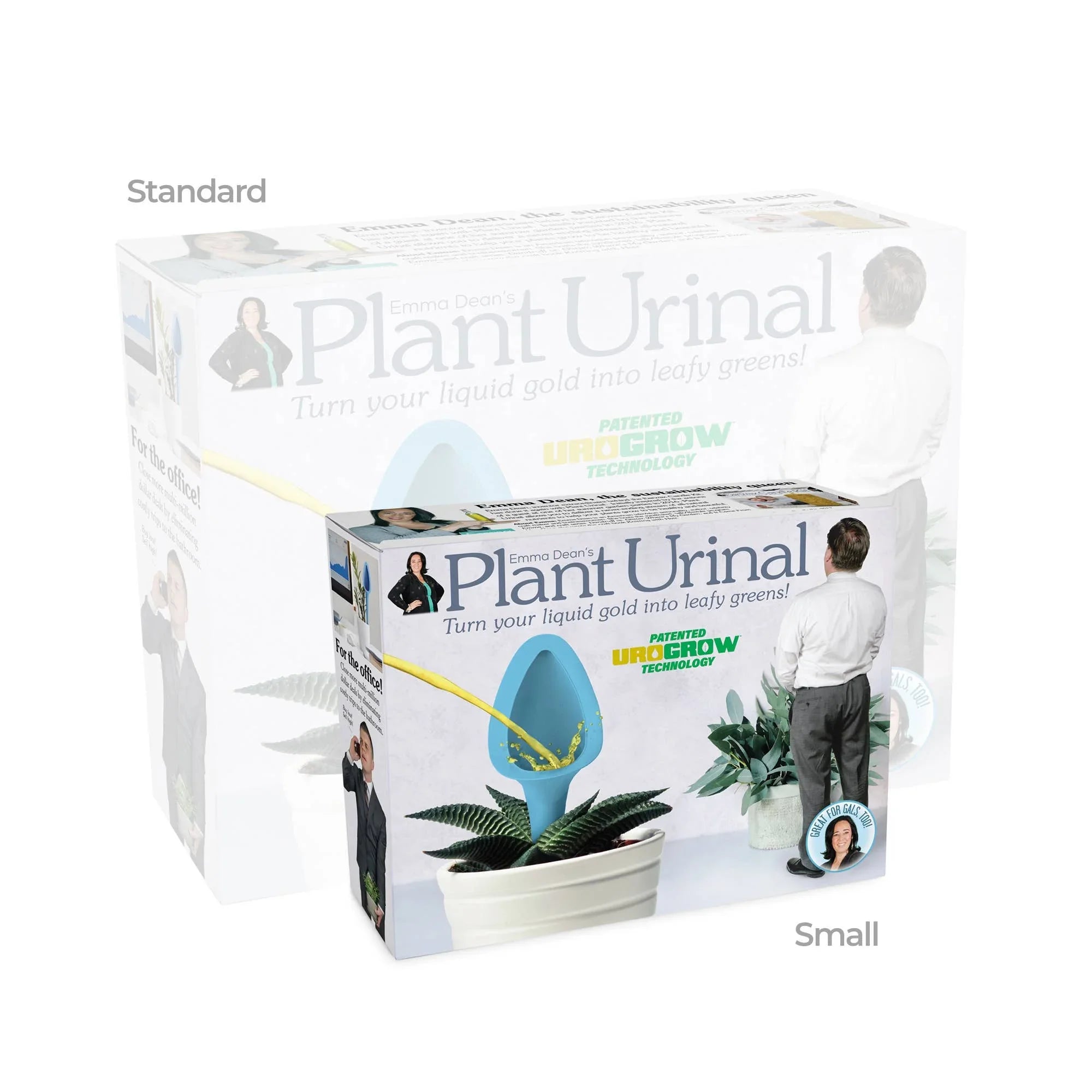 Plant Urinal product packaging with man, potted plant, and two box sizes labeled standard and small