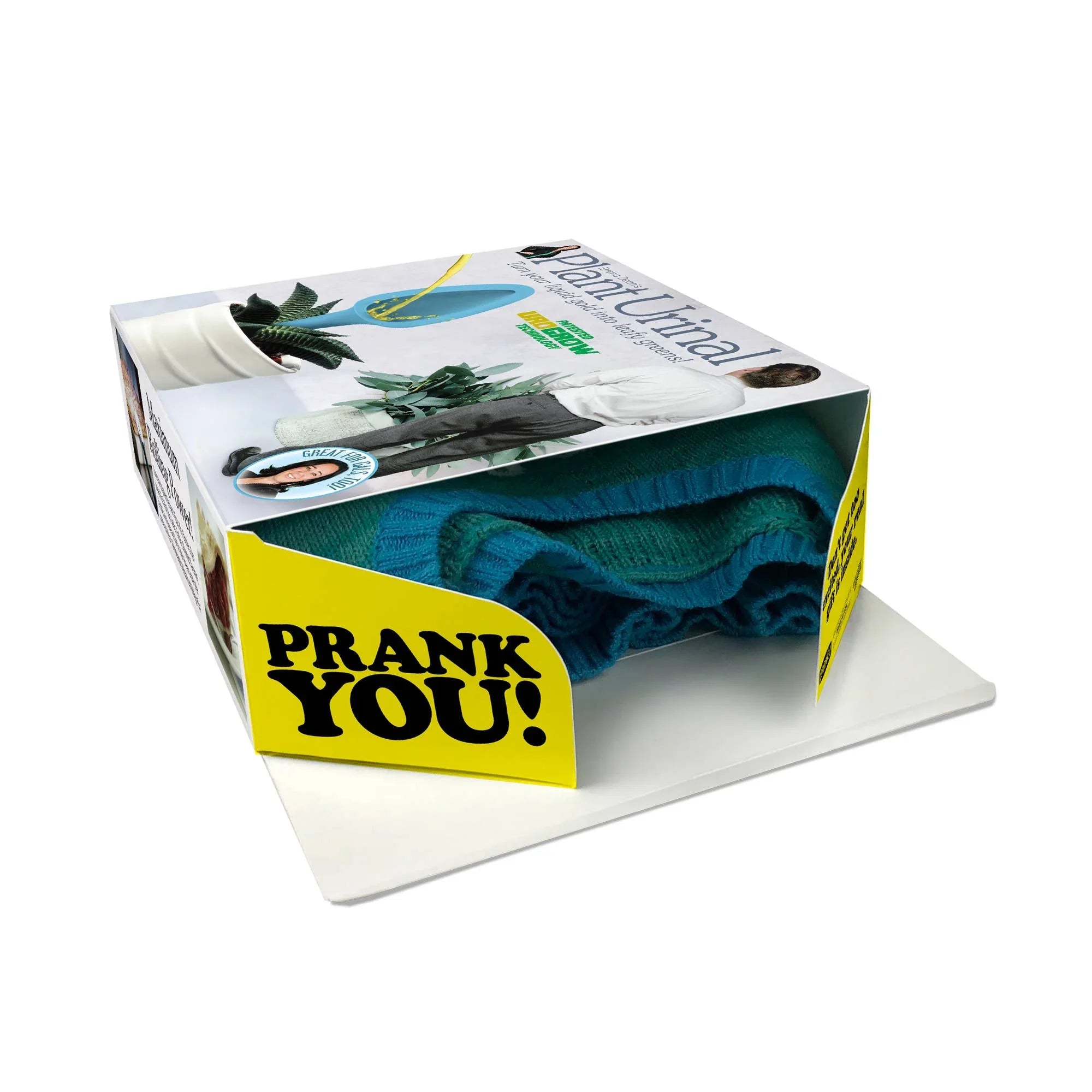 Prank gift box labeled Prank You with blue sweater inside, funny plant urinal packaging