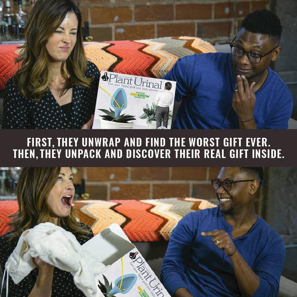 Couple reacting to opening a prank Plant Urinal gift box, humorous gift exchange scene