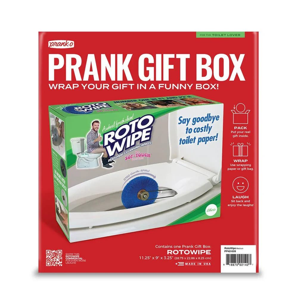 Prank gift box for Roto Wipe toilet paper alternative, red background, funny gag gift packaging