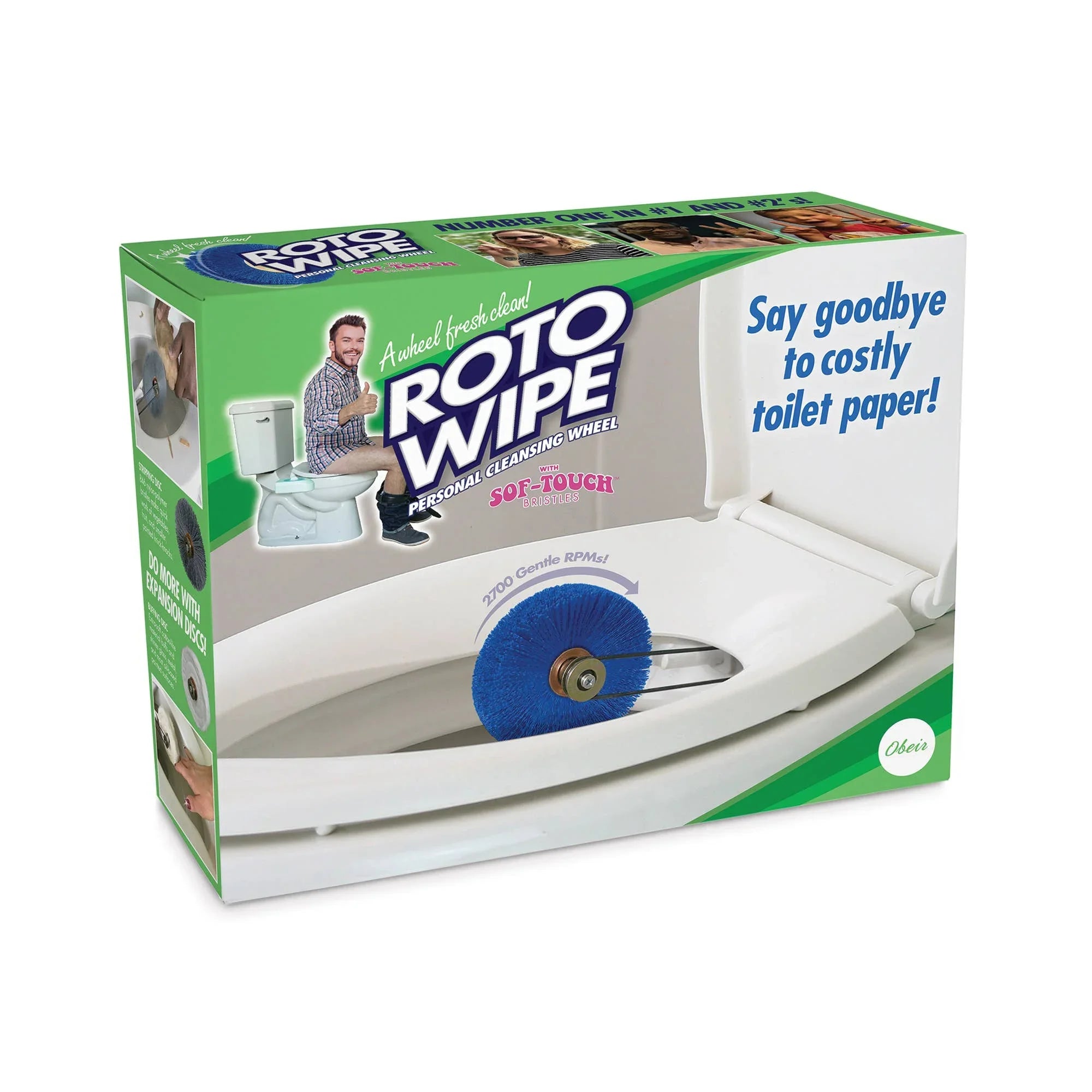 Roto Wipe box showing personal cleansing wheel for toilets, blue brush, cost-saving bathroom gadget