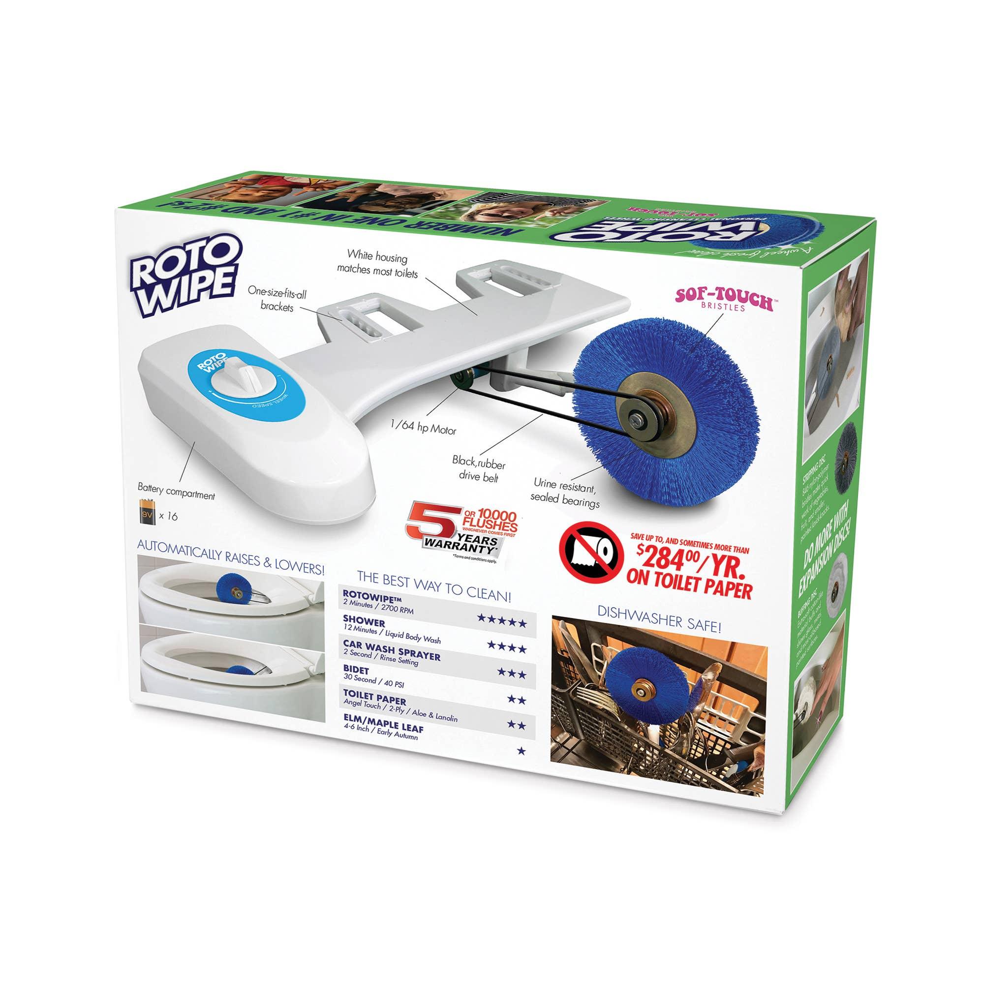 Roto Wipe toilet cleaning device box with blue rotating brush, features and warranty highlights