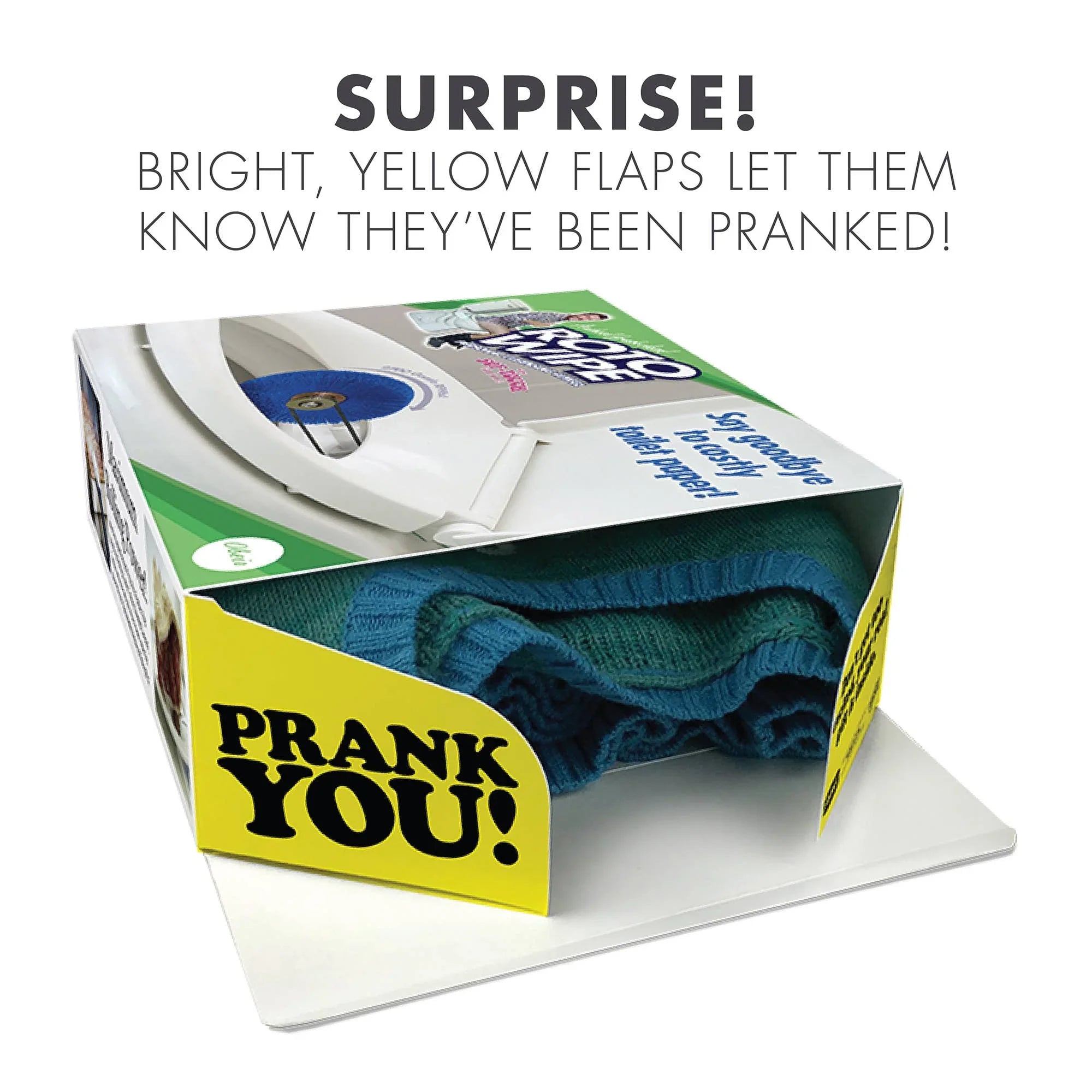 Prank gift box with yellow 'Prank You!' flap and folded blue sweater inside.