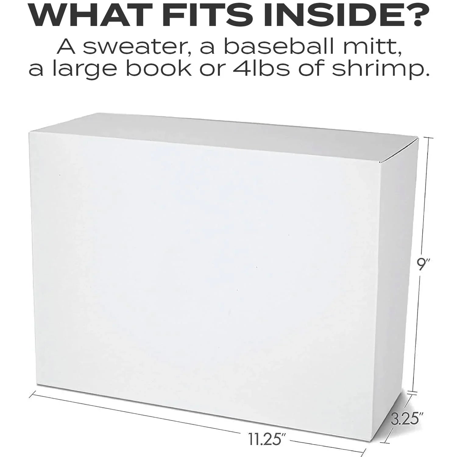 White shipping box with labeled dimensions 11.25 x 9 x 3.25 inches for packing items