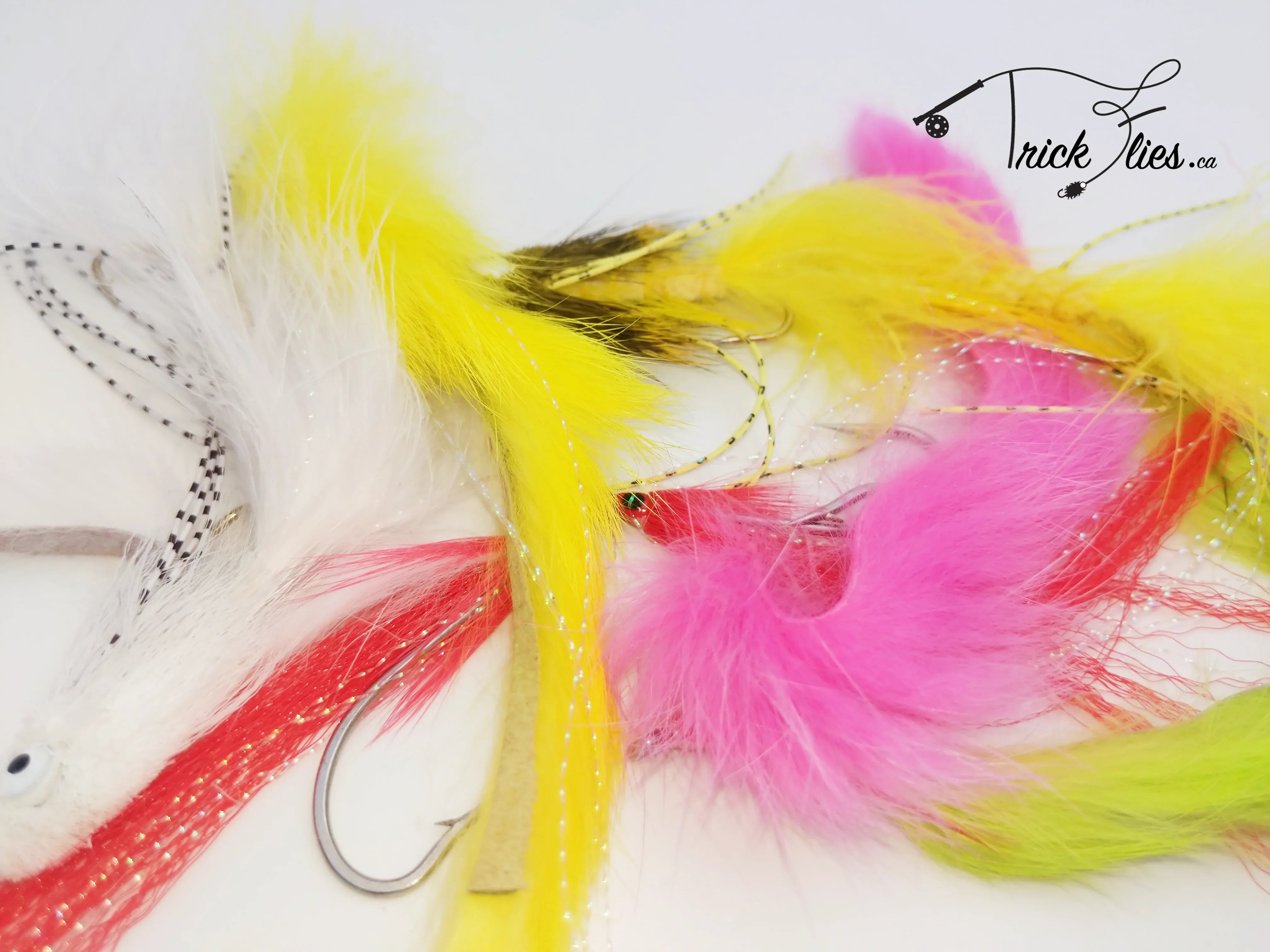 Colorful fly fishing lures with feathers and hooks on a white background, Trick Flies branding