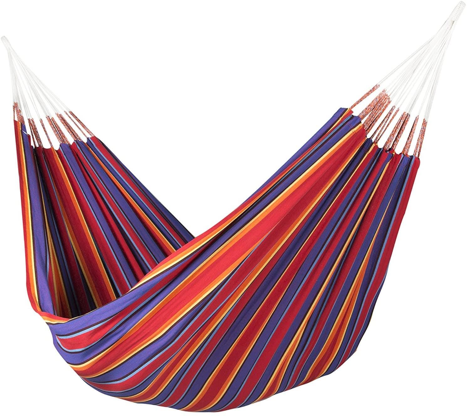 Yagua Morada hammock with purple, red, and yellow striped fabric and white suspension ropes