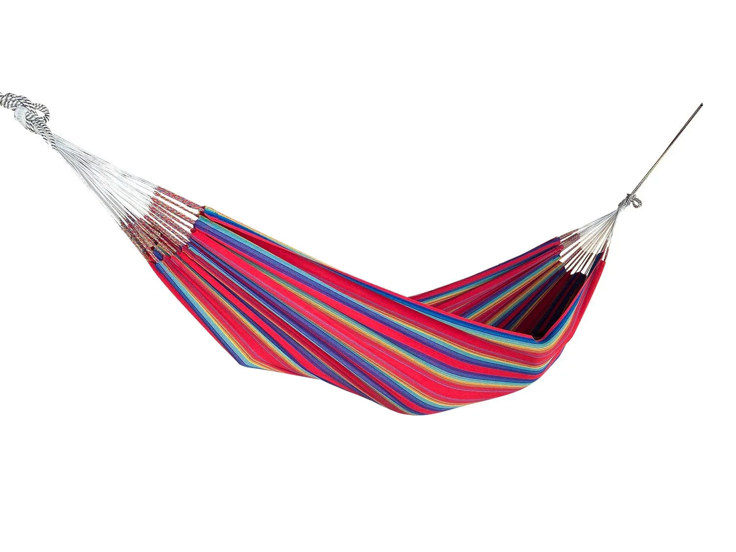 Colorful striped hammock with white suspension ropes on a white background