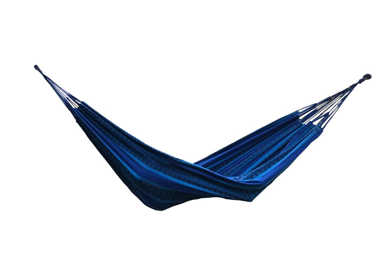 Blue and black Brazilian double hammock with striped pattern on a white background