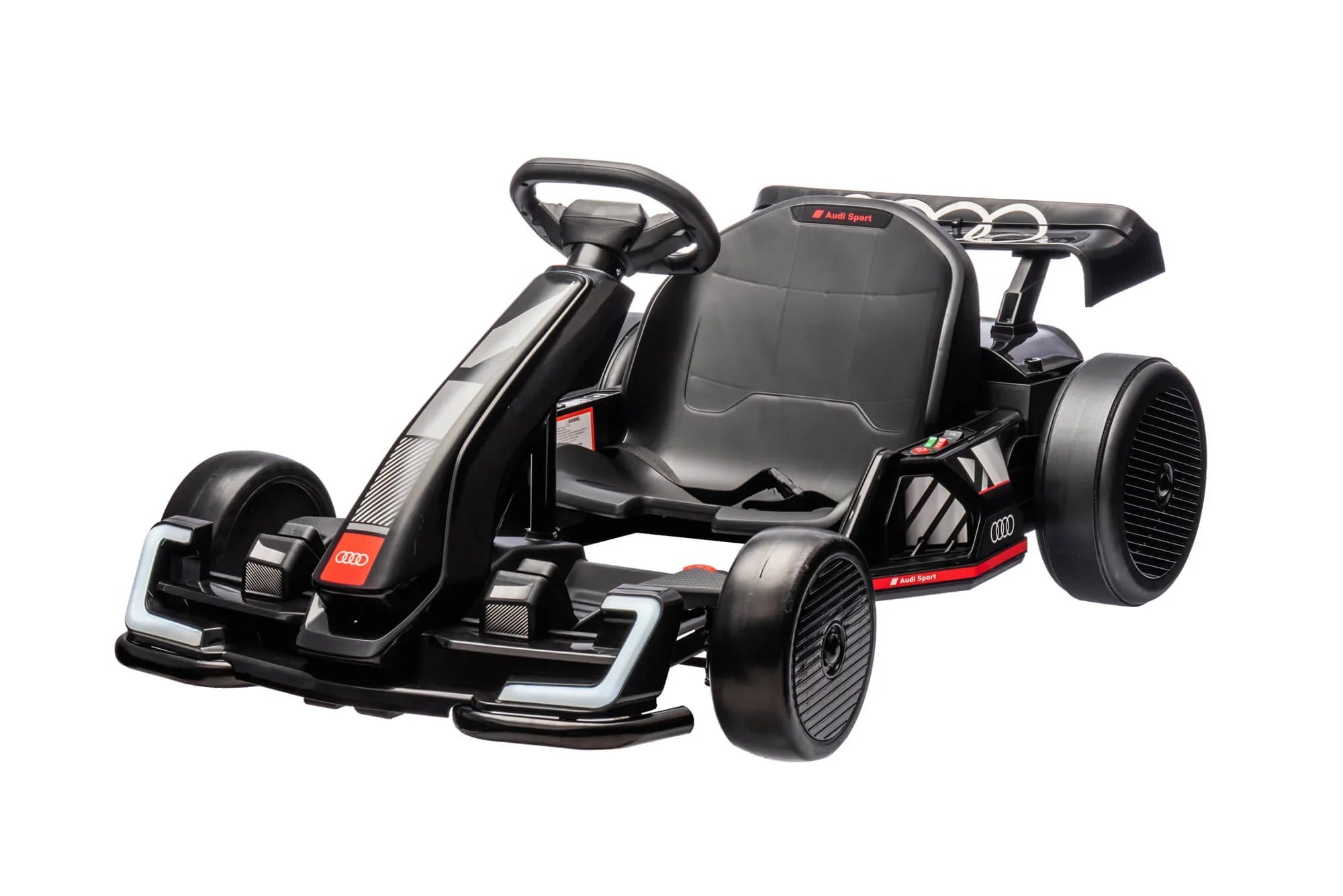 Black Audi Sport electric go-kart for kids with racing seat and rear spoiler on white background