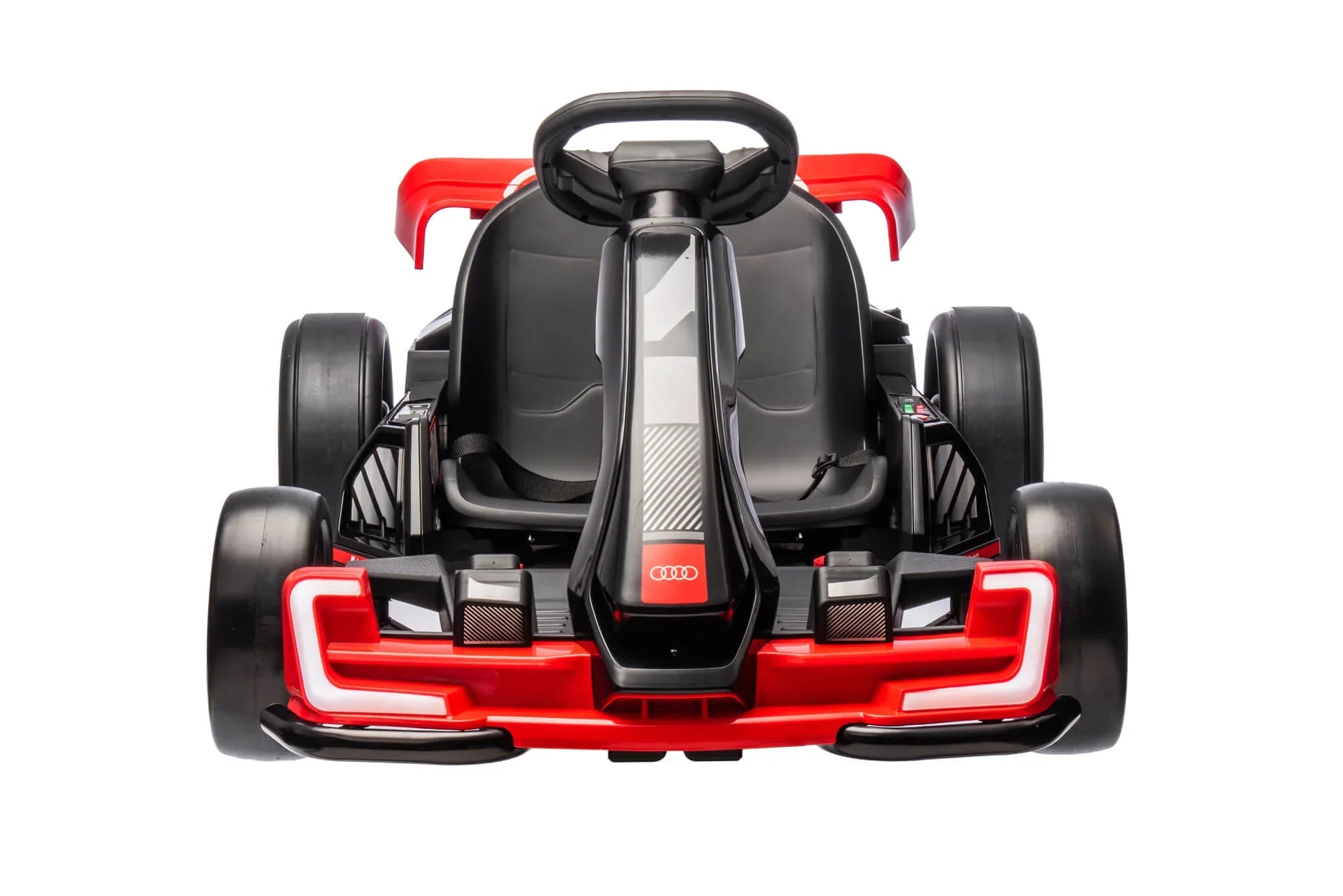 Front view of a black and red Audi go-kart with steering wheel and sporty design