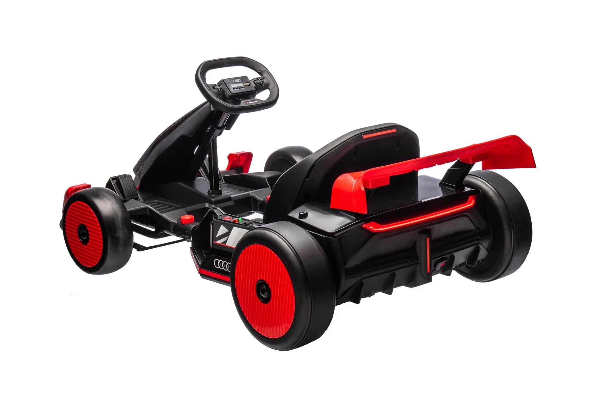 Black and red Audi electric go-kart for kids with racing wheels and rear spoiler