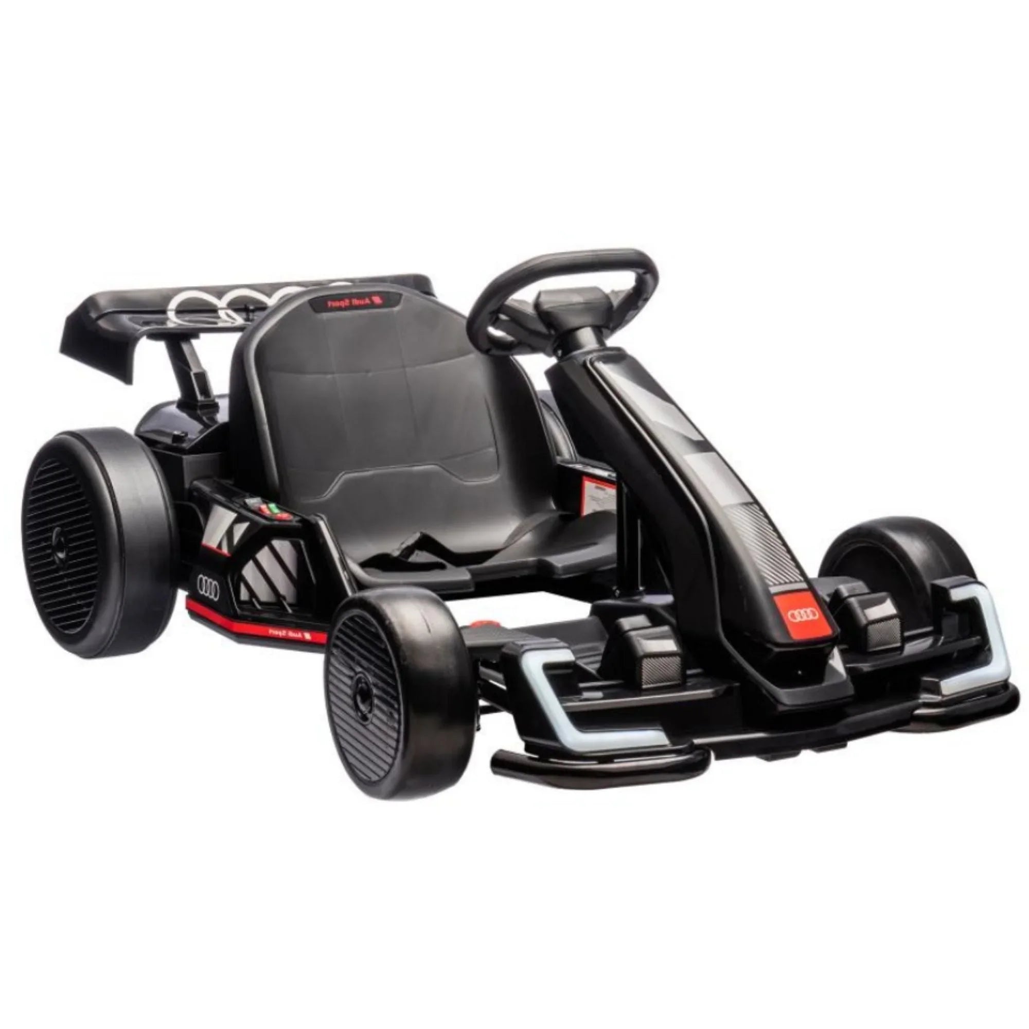 Kids electric ride-on go-kart drift kart in black, red, and white on white background