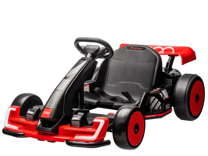 Red and black Audi 24V electric go-kart for kids with racing seat and spoiler