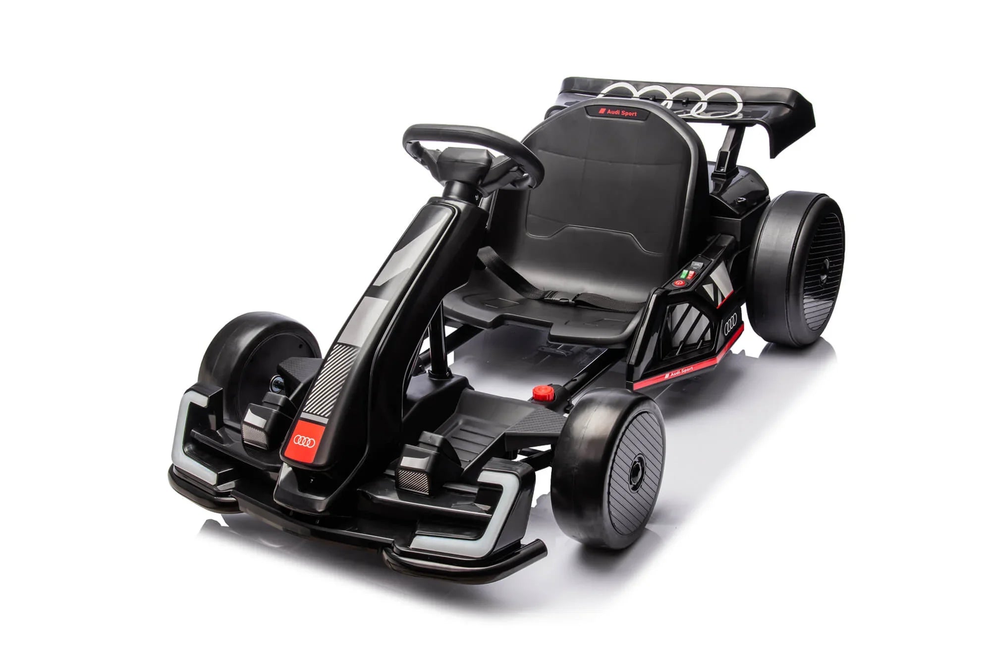 Black Audi Sport electric go-kart with sleek design on a white background