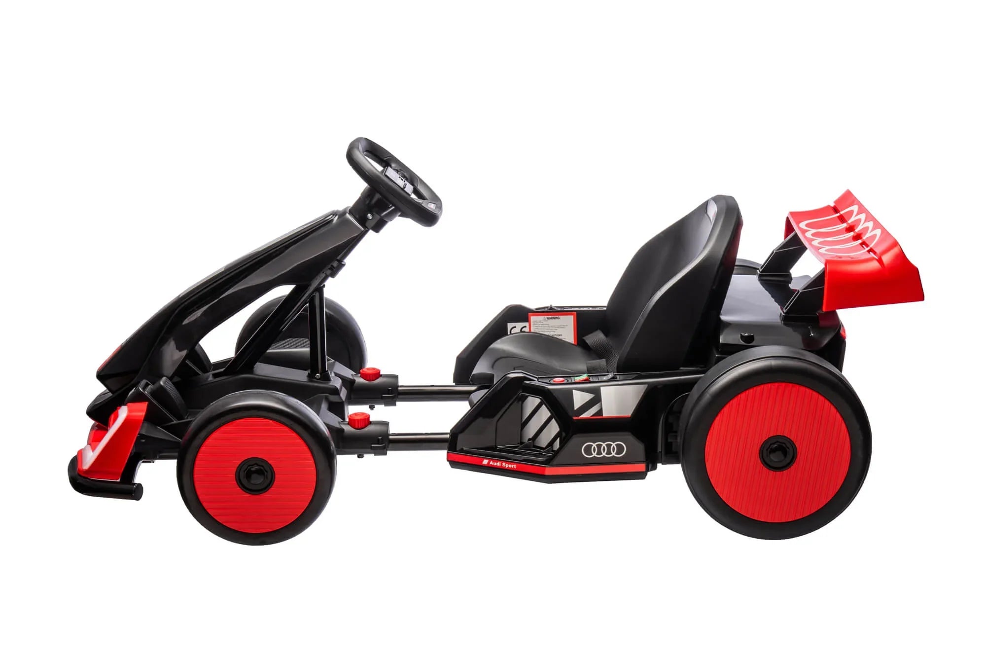 Black and red Audi kids pedal go-kart with sporty rear spoiler on white background