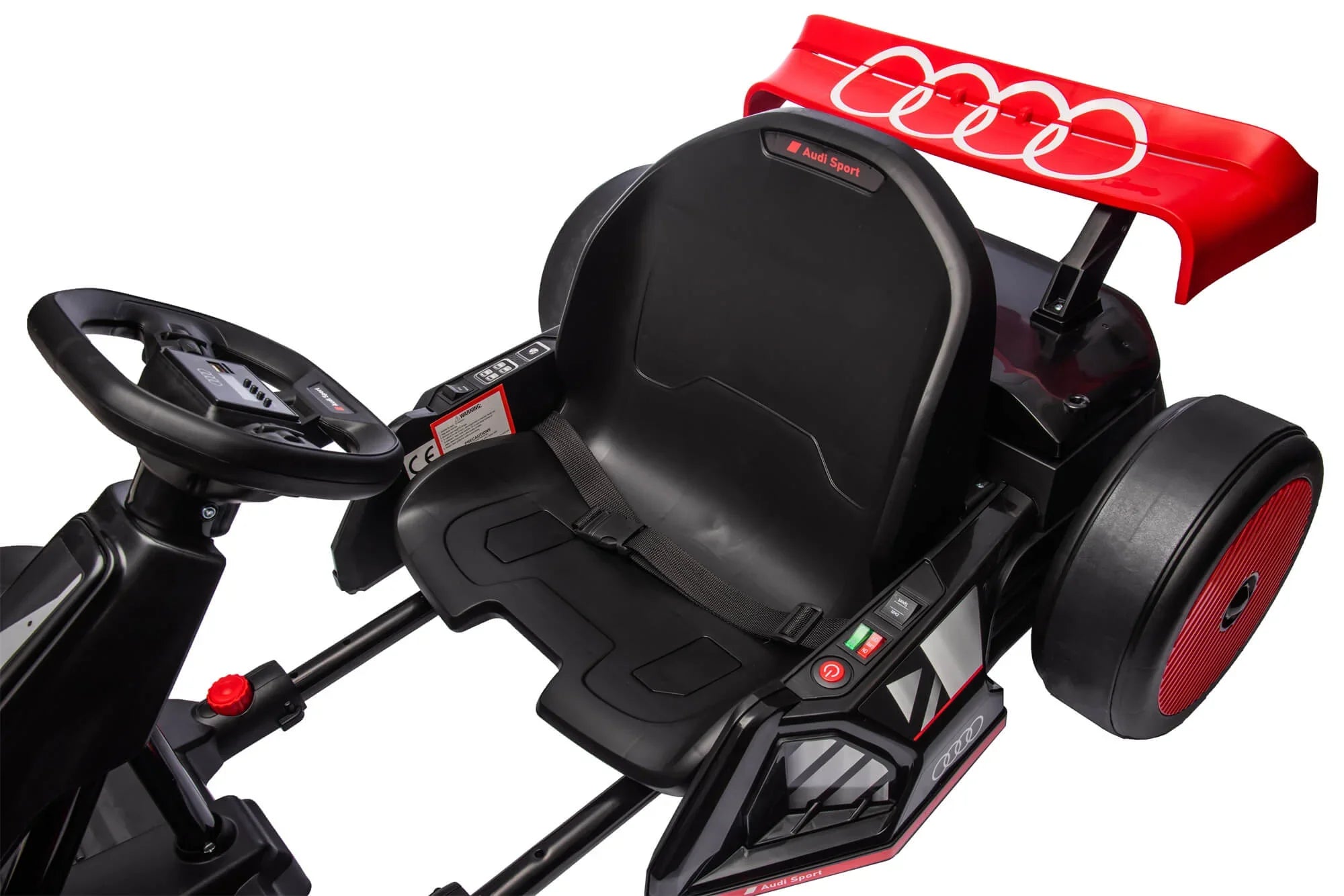 Audi Sport kids electric go-kart with red rear spoiler and black seat