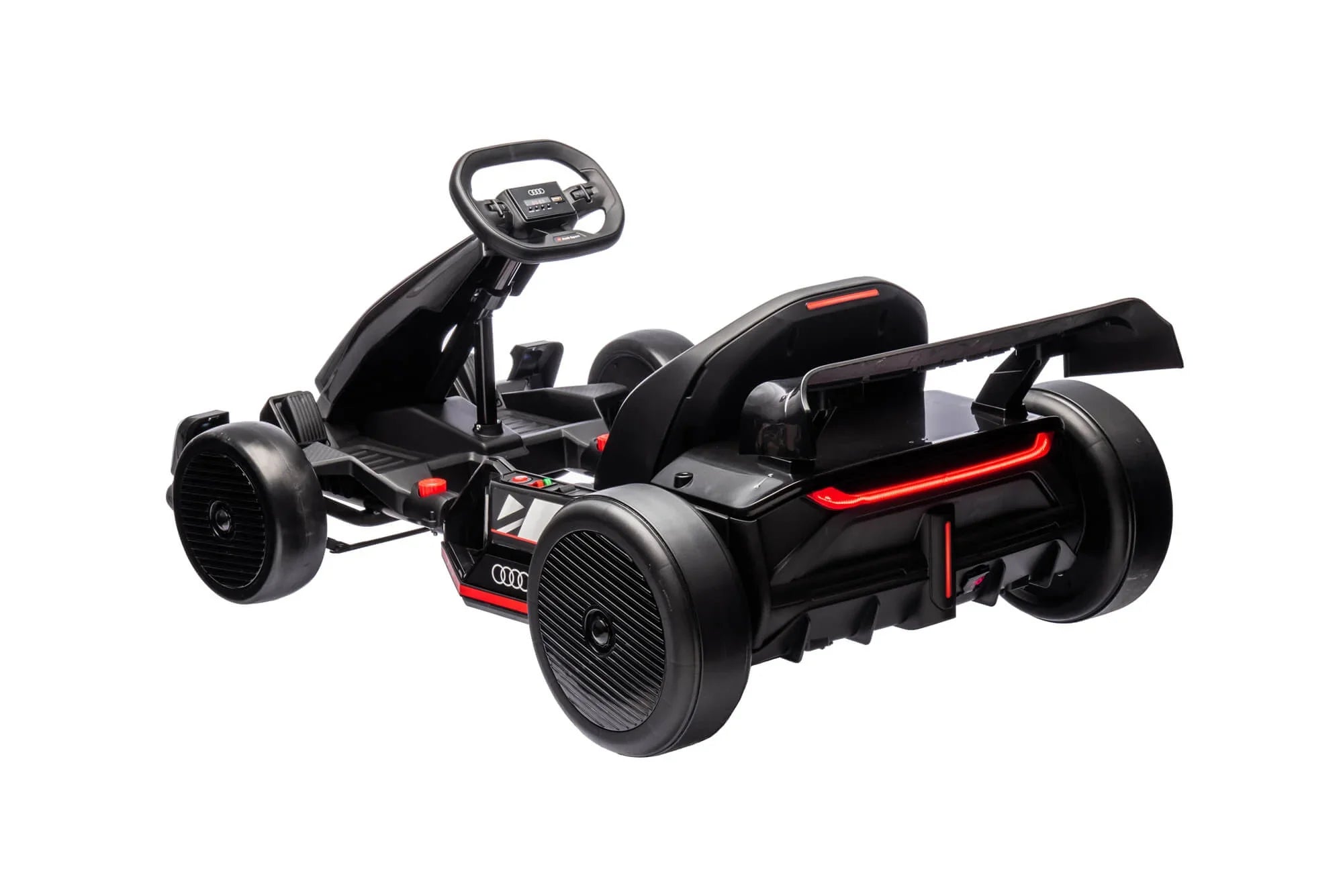Black Audi go-kart toy with sporty rear spoiler and LED tail light on white background