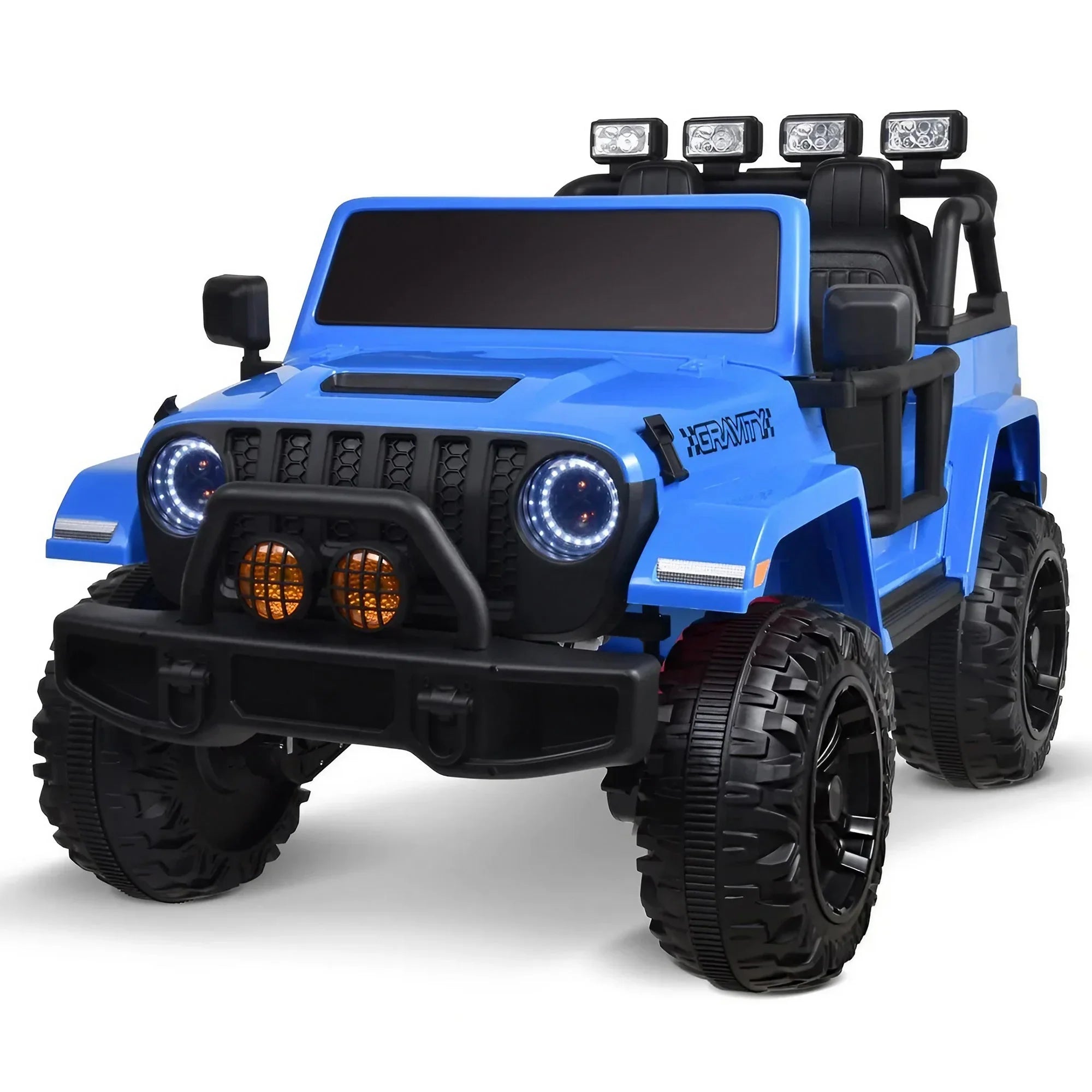 Blue ride-on toy jeep for kids with large off-road tires and LED headlights