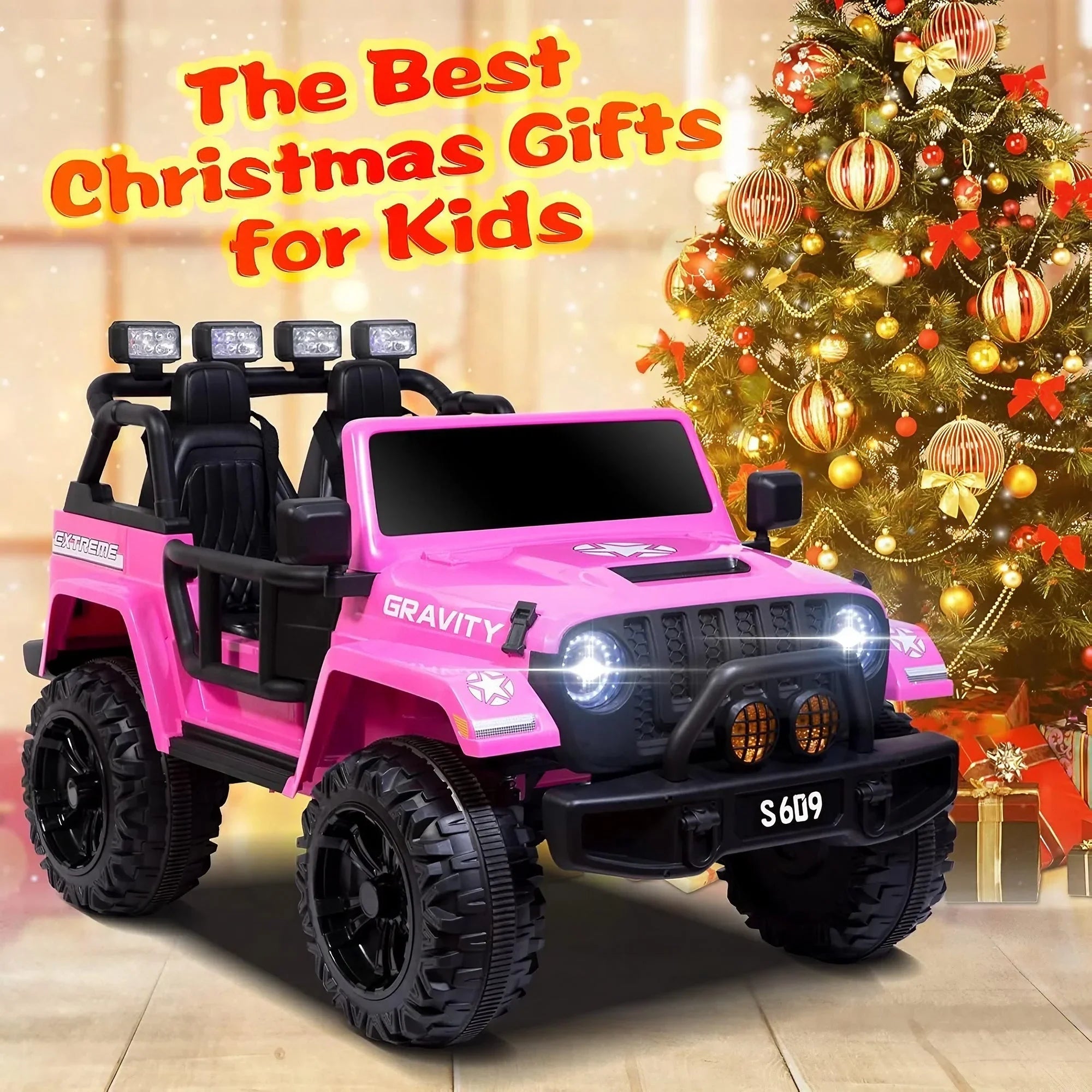 Pink kids ride-on toy car with Christmas tree and gifts in festive holiday setting