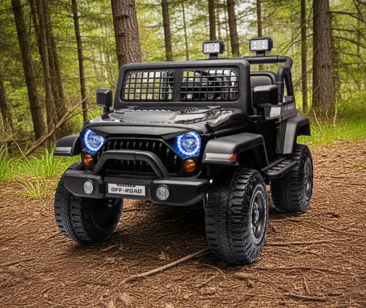 Black kids off-road toy car with headlights on, parked in a forest setting