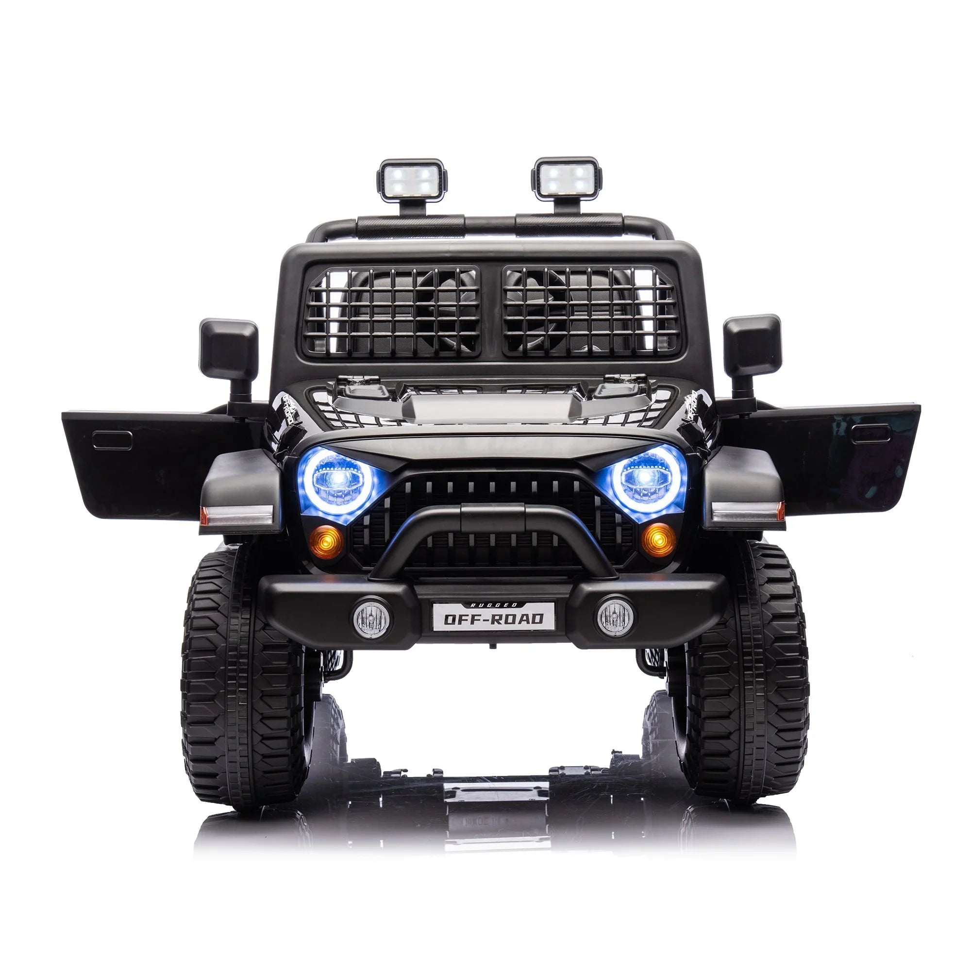 Black toy off-road jeep with doors open, blue headlights, rugged tires, and front grille.