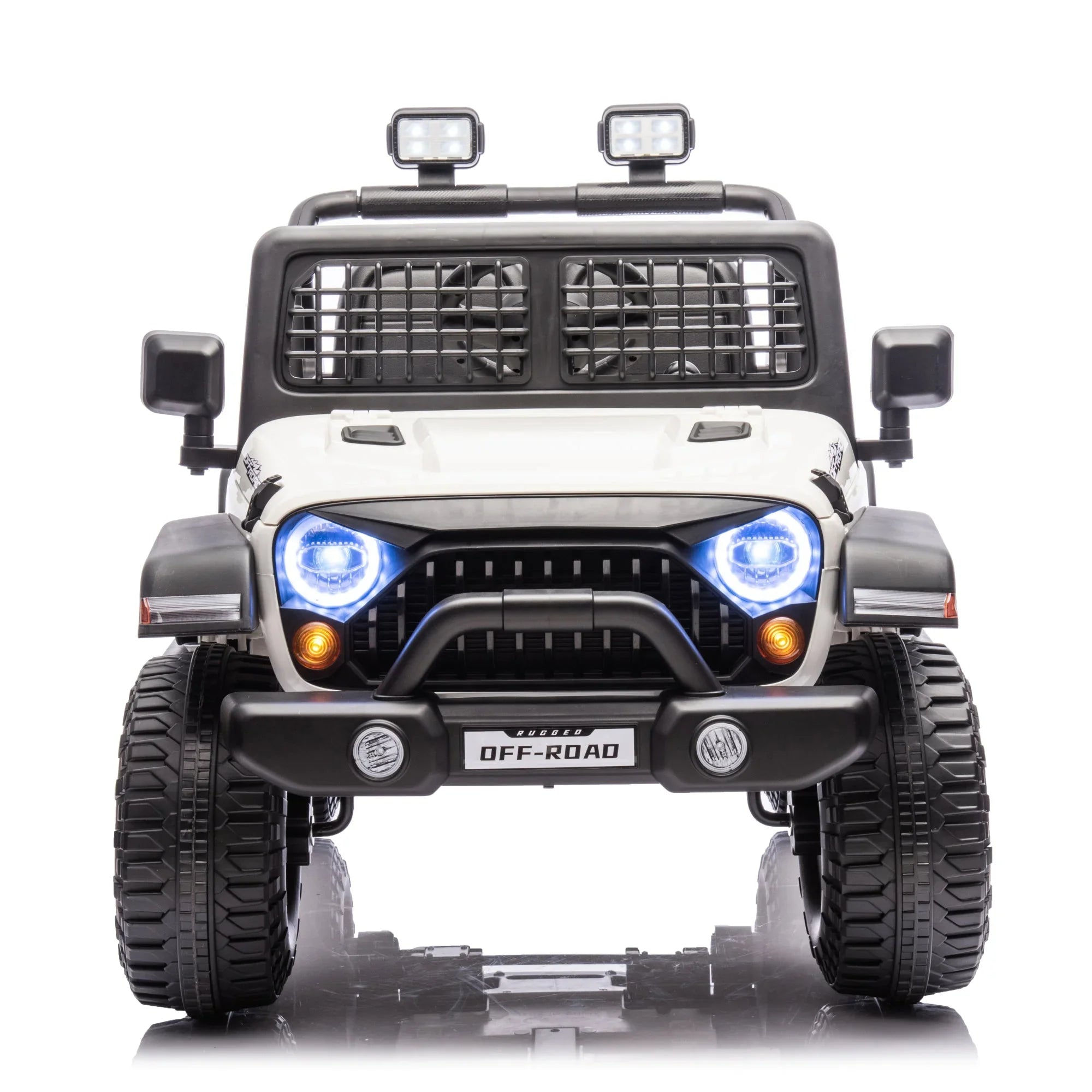White kids' electric ride-on off-road Jeep with LED headlights and rugged tires