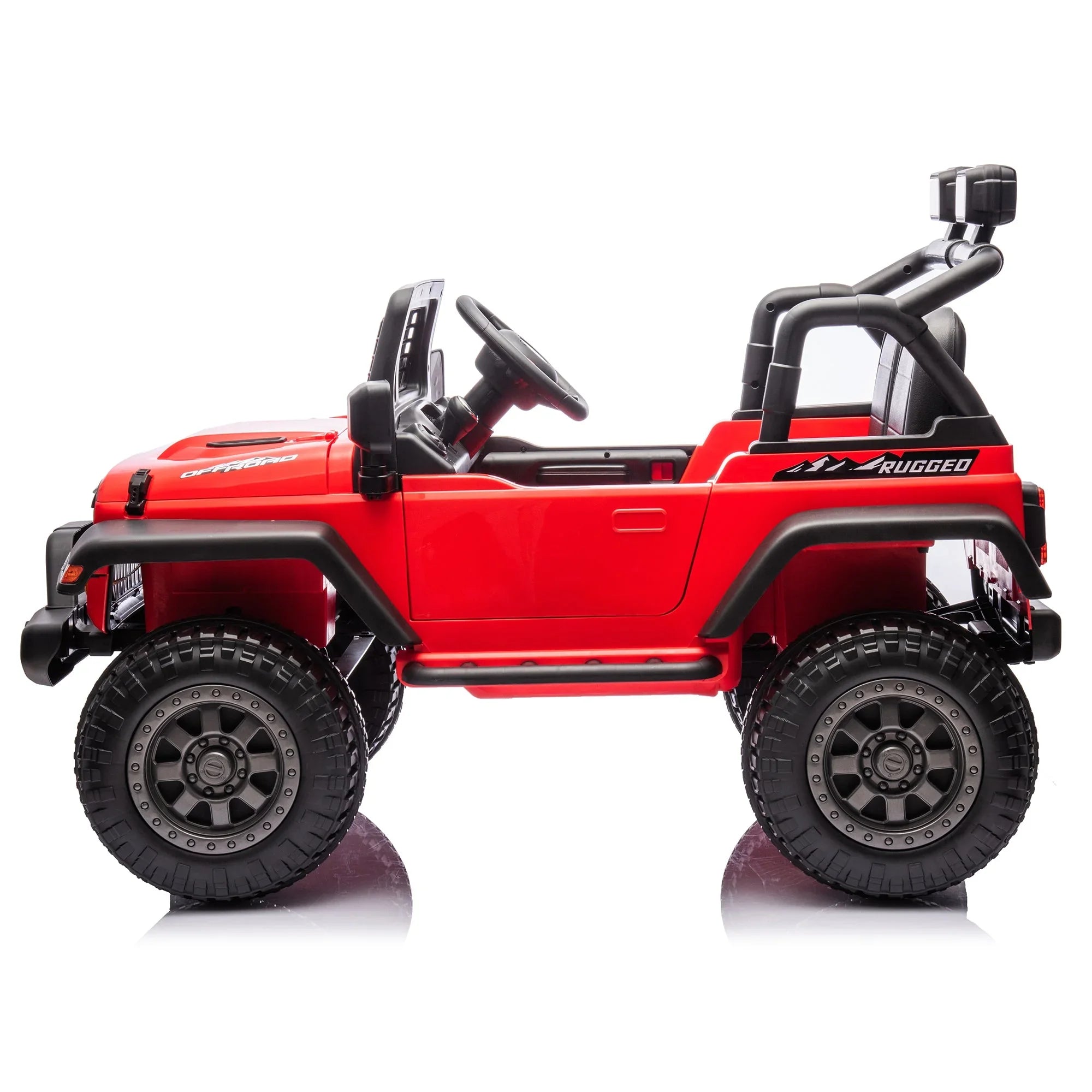 Red kids' ride-on toy off-road jeep with rugged tires against white background